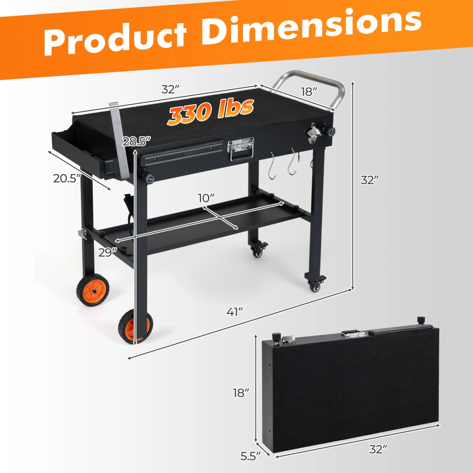 SUGIFT 330-lb Capacity Black Folding Grill Cart with Heat-Resistant Mat 360-Degree Casters and 6 Hooks