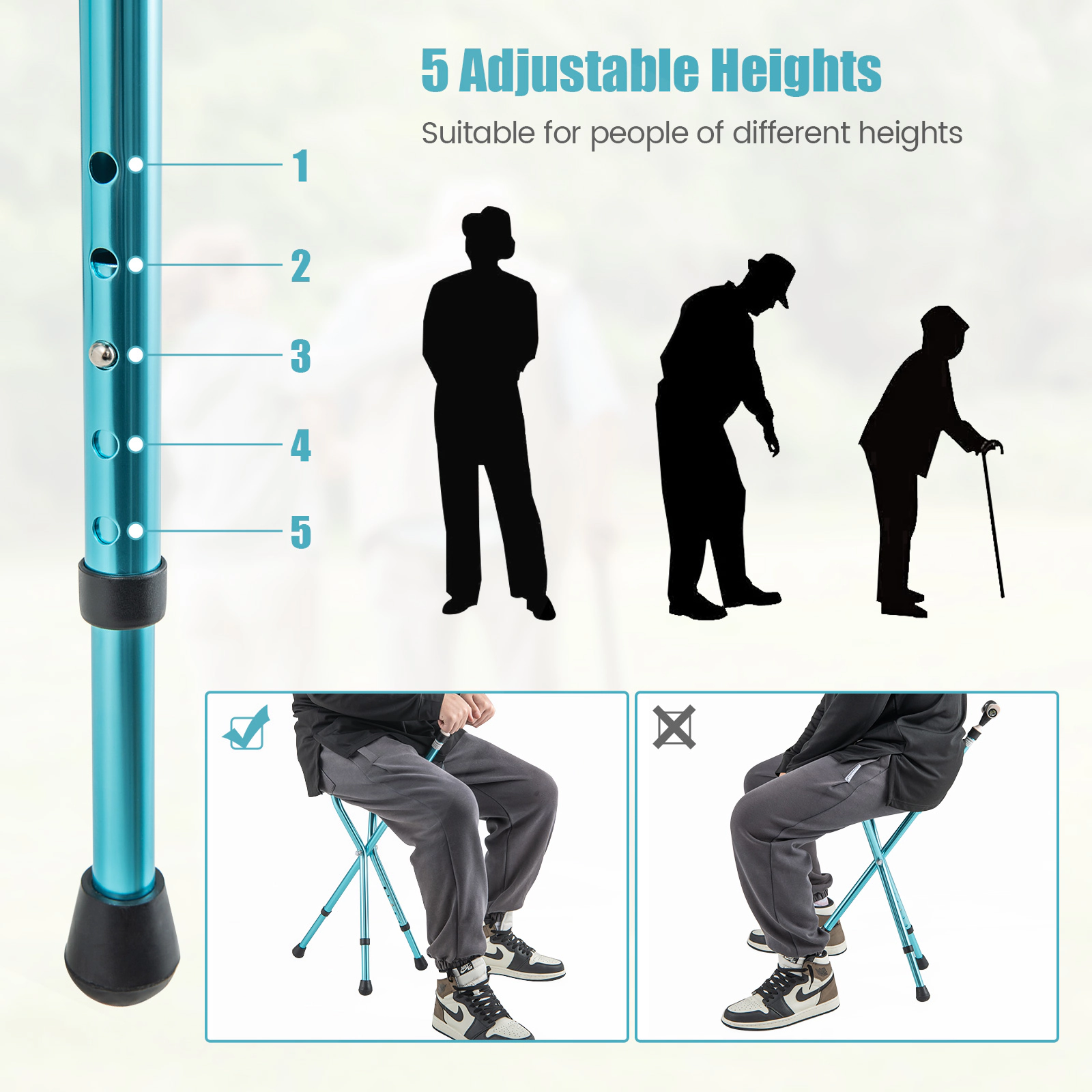 SUGIFT Blue Adjustable Cane Seat with LED Light and 3 Anti-Slip Footpads 31.5-in to 35.5-in H 220-lb User Capacity