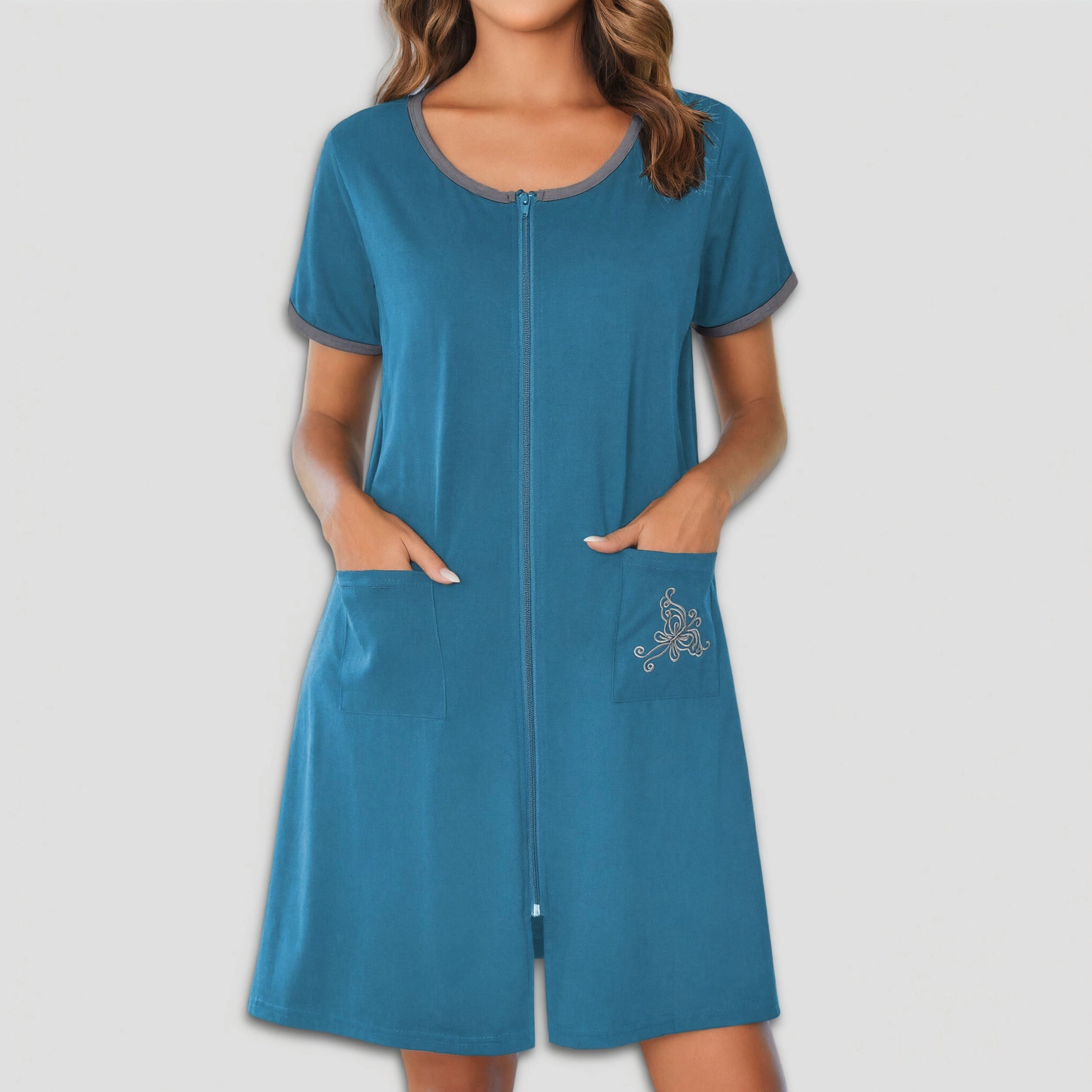 Ekouaer Women Zipper Front House Coat Short Sleeves Robe Zip Up Bathrobes Nightgown