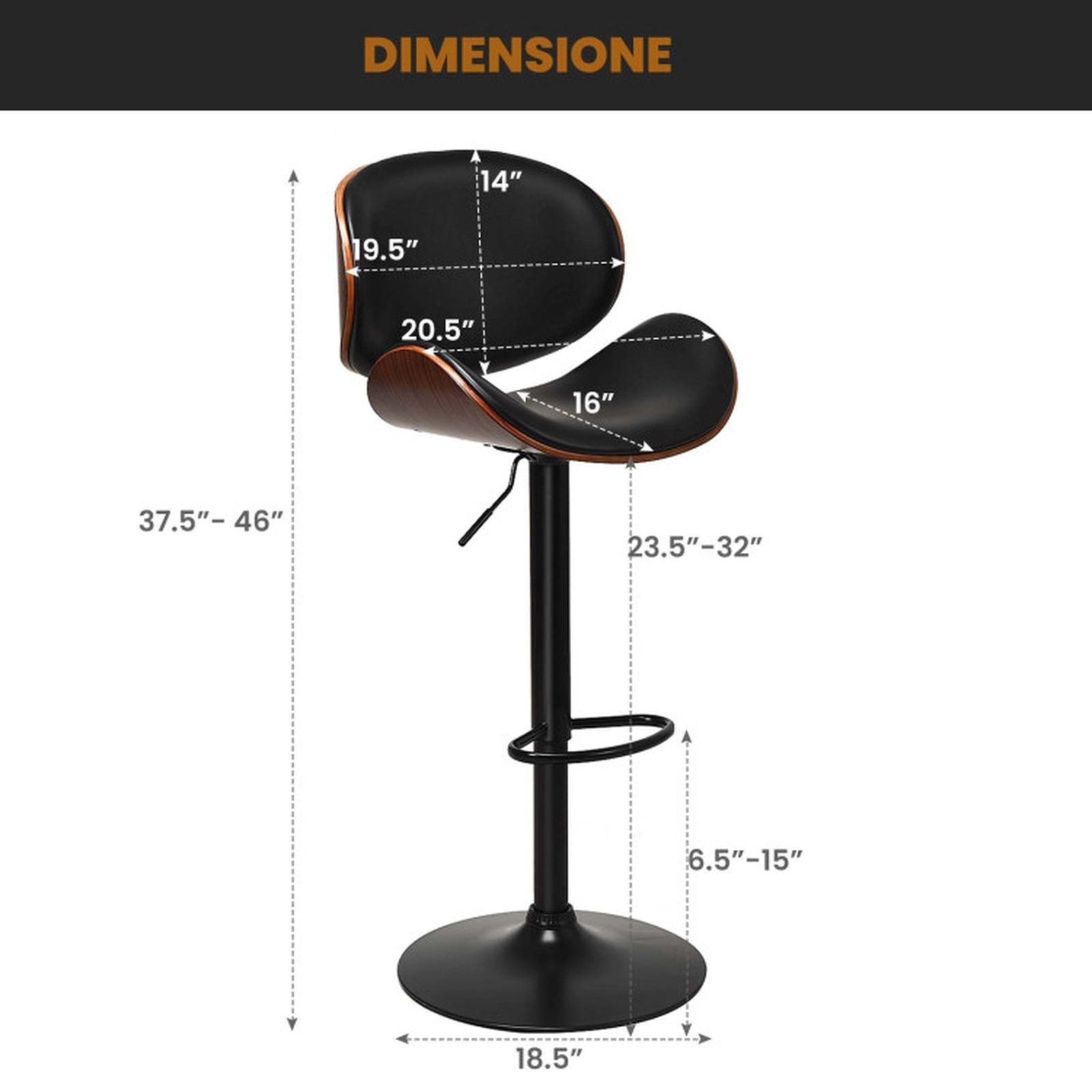 SUGIFT Black and Walnut Curved Footrest Set of 2 Adjustable Swivel PU Leather Bar Stools