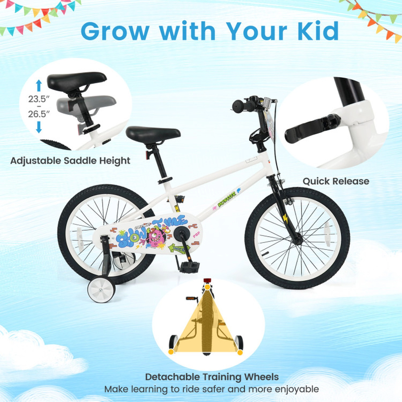 SUGIFT Adjustable 18-Inch Kids Bike with Training Wheels 130-lb Capacity Ages 4-8 White 50.5 x 21.5 x 33 in One Bike