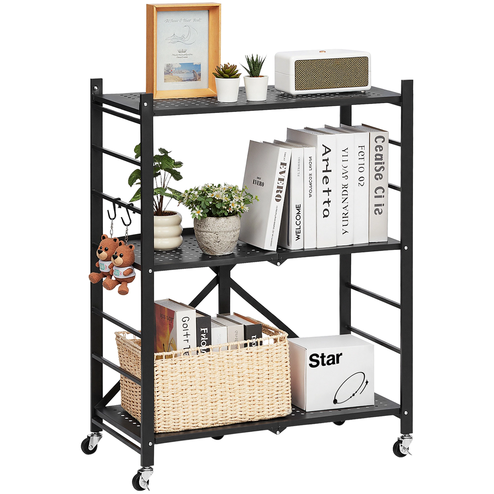 Flynama 3-Tier Foldable Storage Shelf with Wheels 28 x 13 x 36-inch Metal Shelving