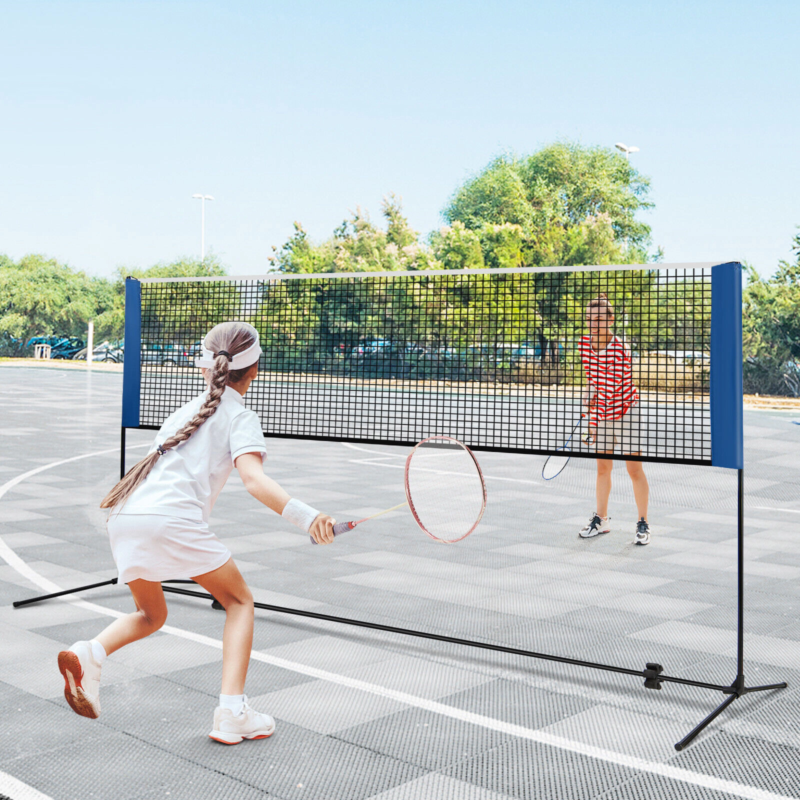 SUGIFT Adjustable 10/14-ft Badminton Net Stand with Nonslip Footpads and Portable Carry Bag Blue Black