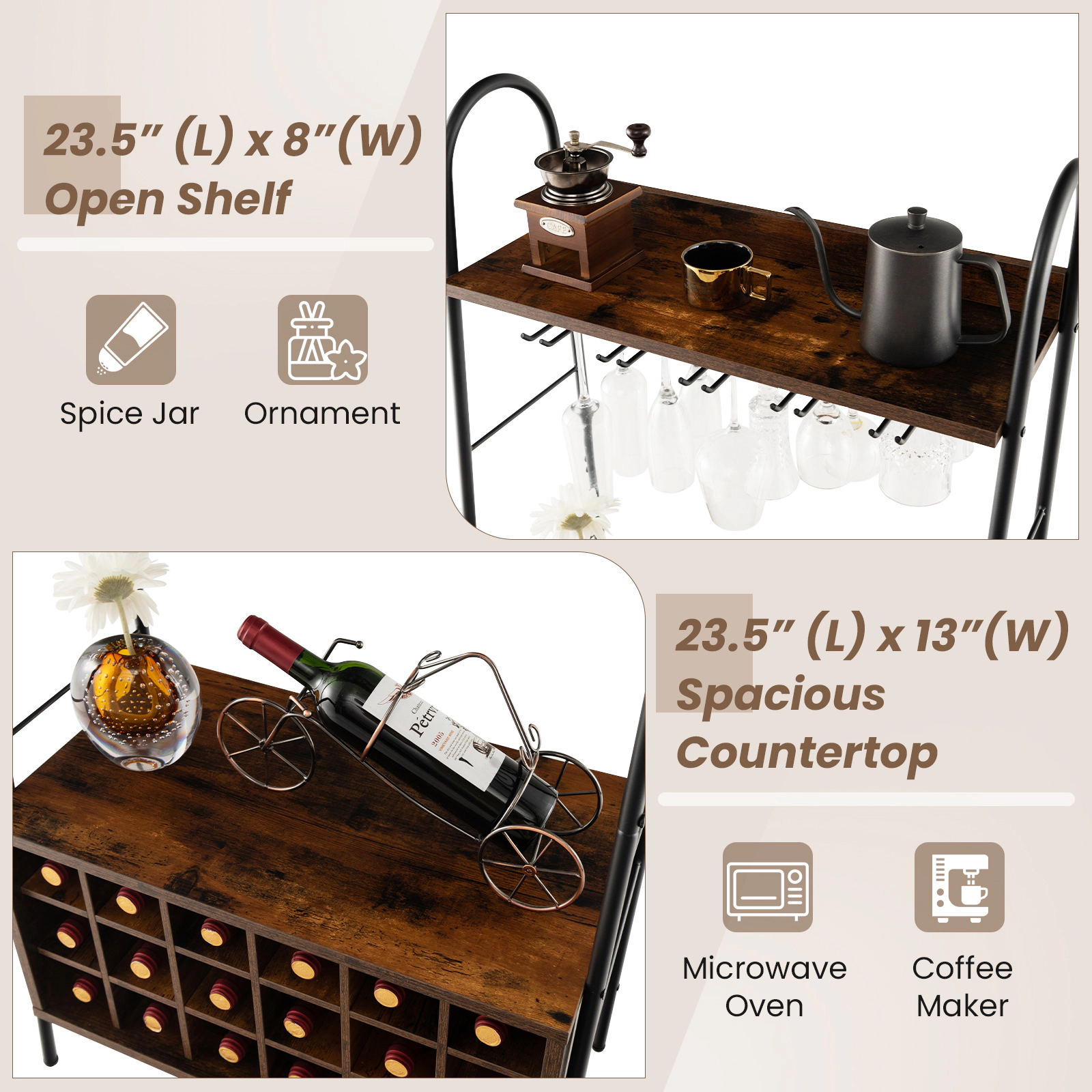SUGIFT Bakers Rack Rustic Brown with Detachable 18-Bottle Wine Rack and Stemware Holder