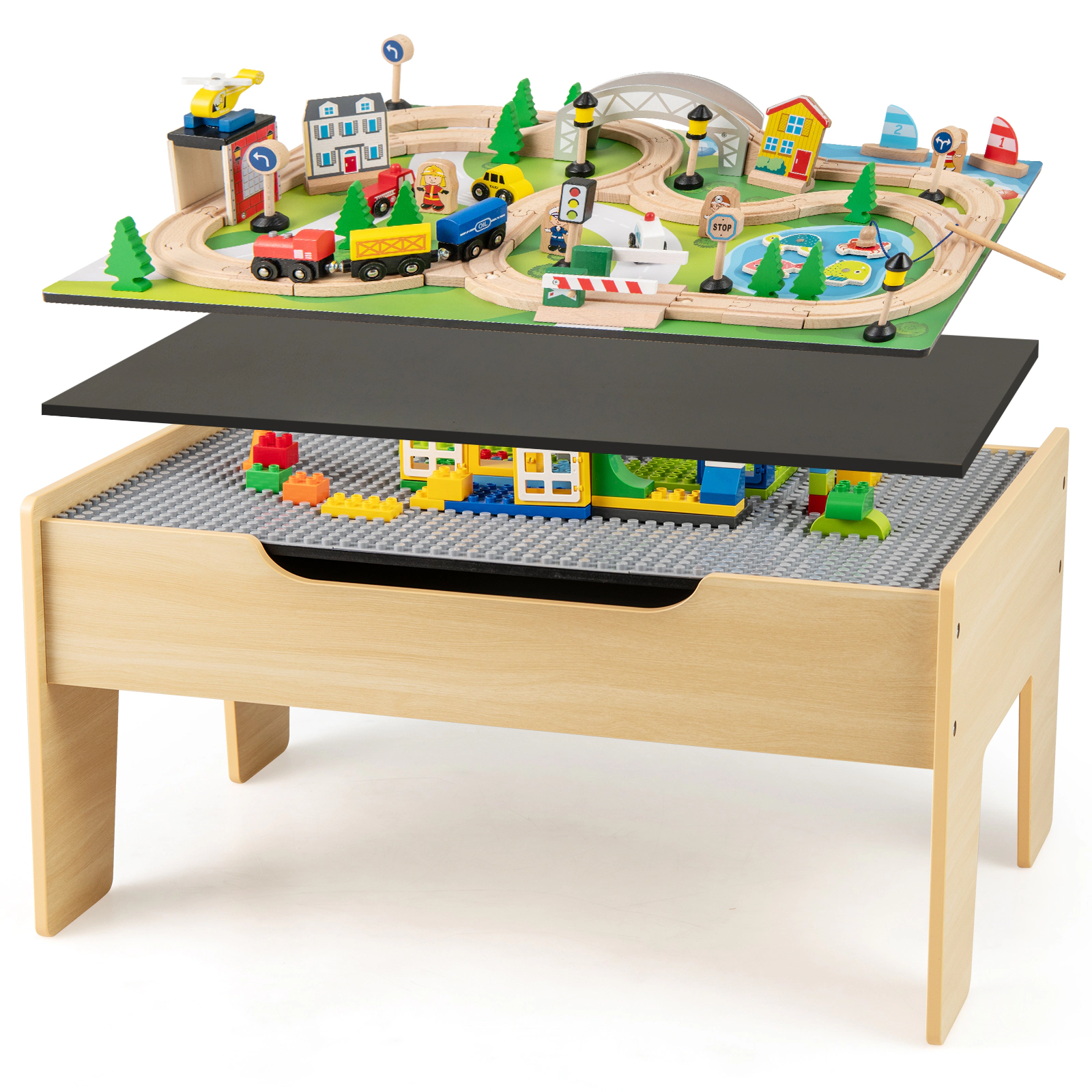 SUGIFT Wooden Train Table Activity Railway Playset Interactive Toy 55-lb Capacity Ages 18M+ Natural 31-in Top