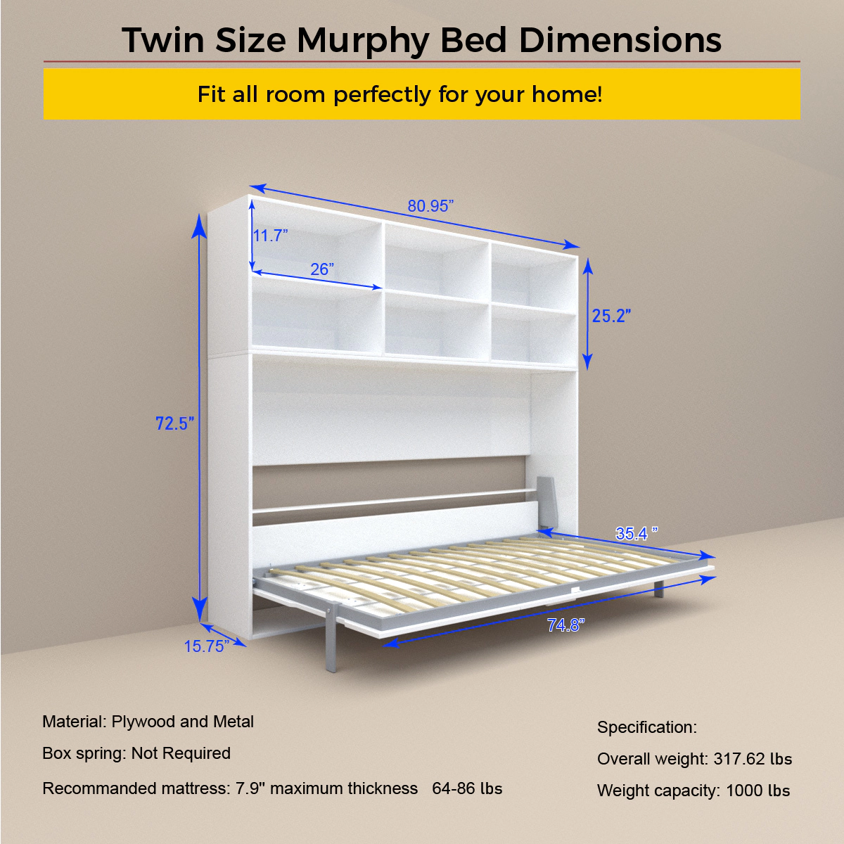 Flynama Twin Horizontal Murphy Wall Bed with Shelf Storage & Gas Struts, White