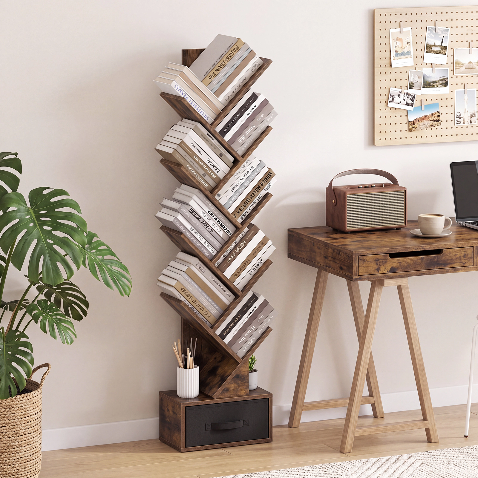 Costway 9-Tier Tree Bookshelf with Drawer Wooden Floor Standing Bookcase White