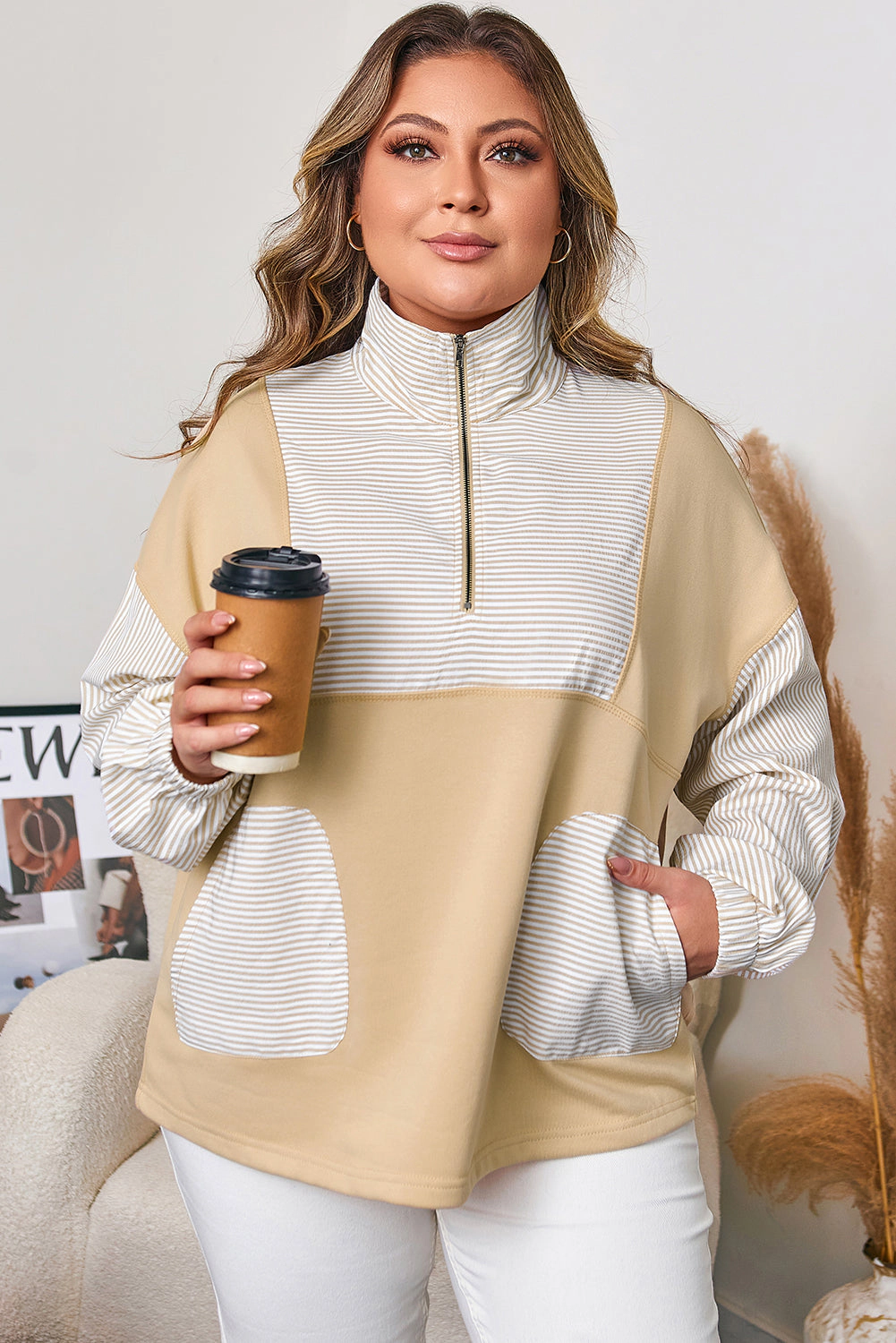 Threaded Pear Women's Khaki Stripe Mix Half Zip French Terry Plus Sweatshirt