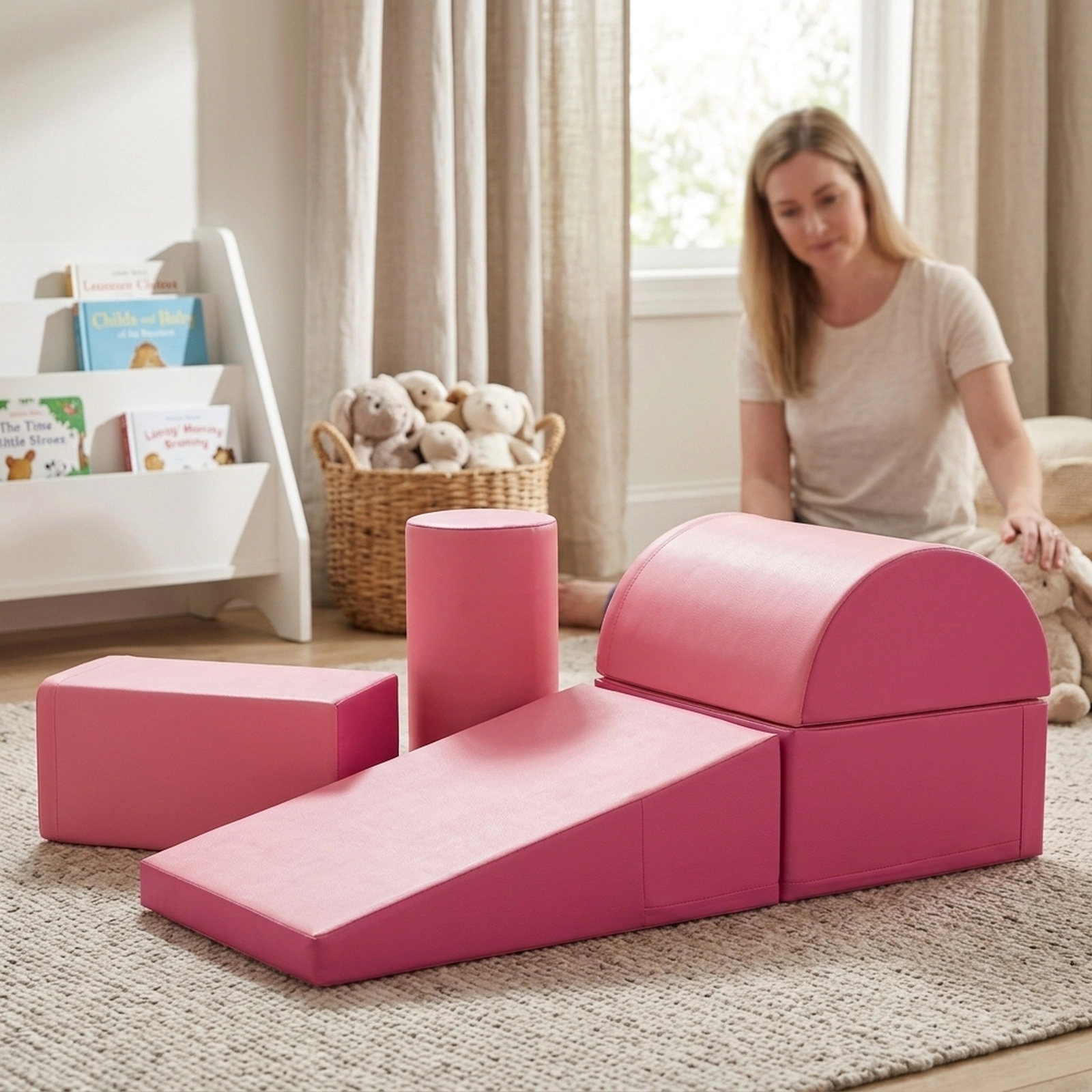 5-Piece Kids Climb and Crawl Activity Playset Foam Blocks Soft Play Set Removable Zippered PU Covers Pink