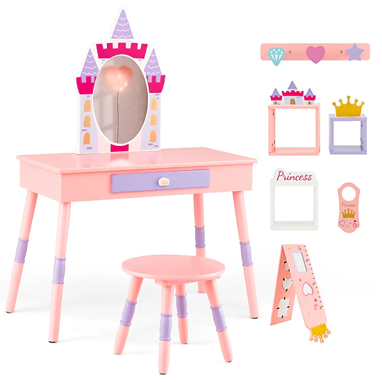 SUGIFT Pink Real Silver Mirror and Large Drawer Kids Vanity Table and Stool Set