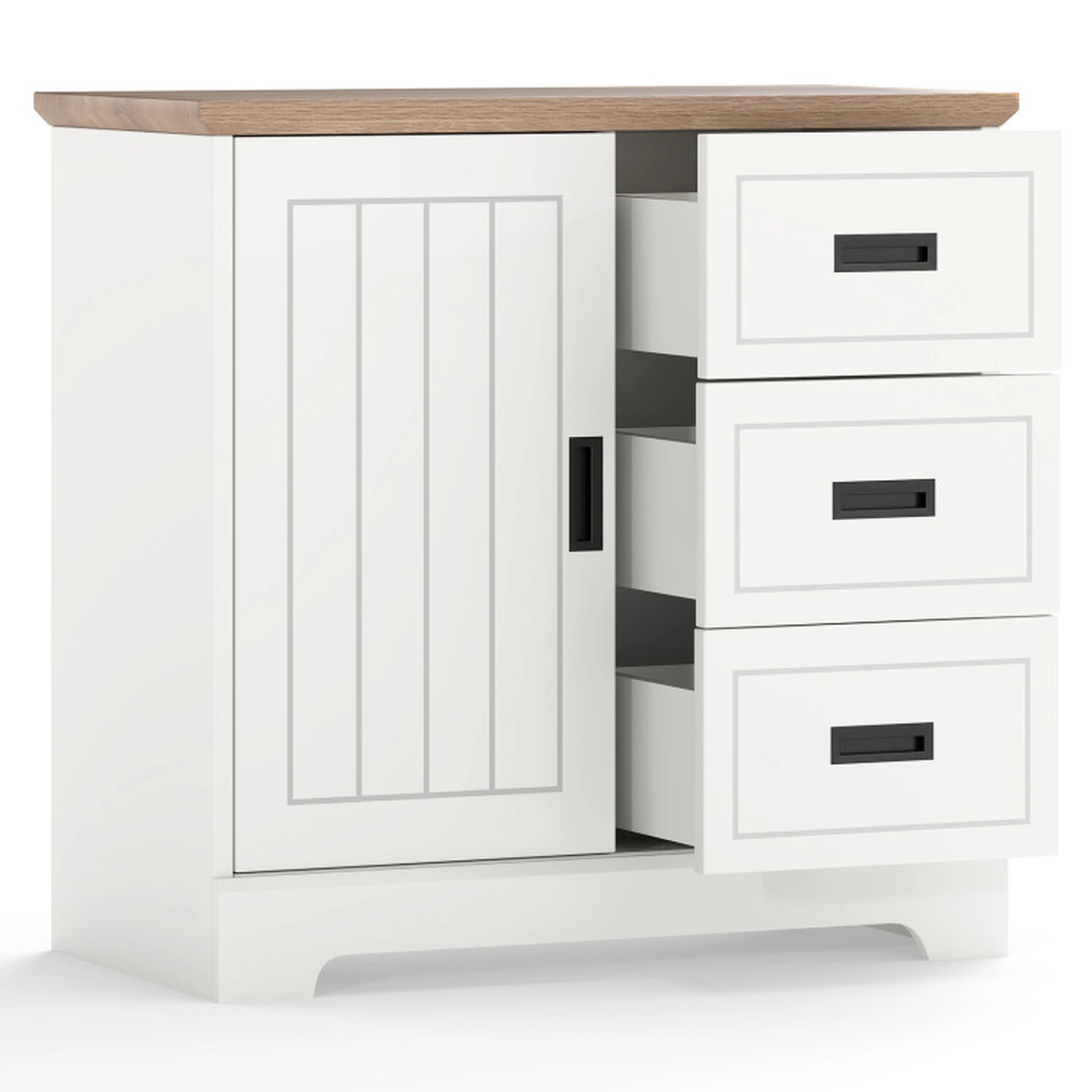SUGIFT Farmhouse Sliding Door Sideboard Buffet Cabinet Kitchen Pantry 66-lb Tabletop Capacity Ivory and Oak