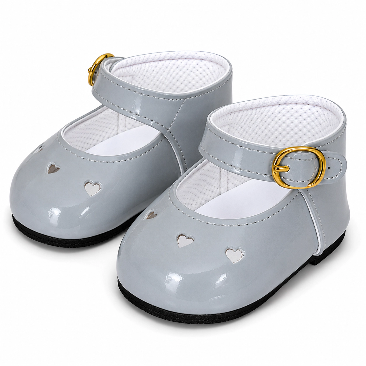 MBD Girl Doll Shoes - Silver Gray Heart Mary Jane Shoes for 18 Inch Dolls – Classic Patent Dress Shoes with Buckle Strap
