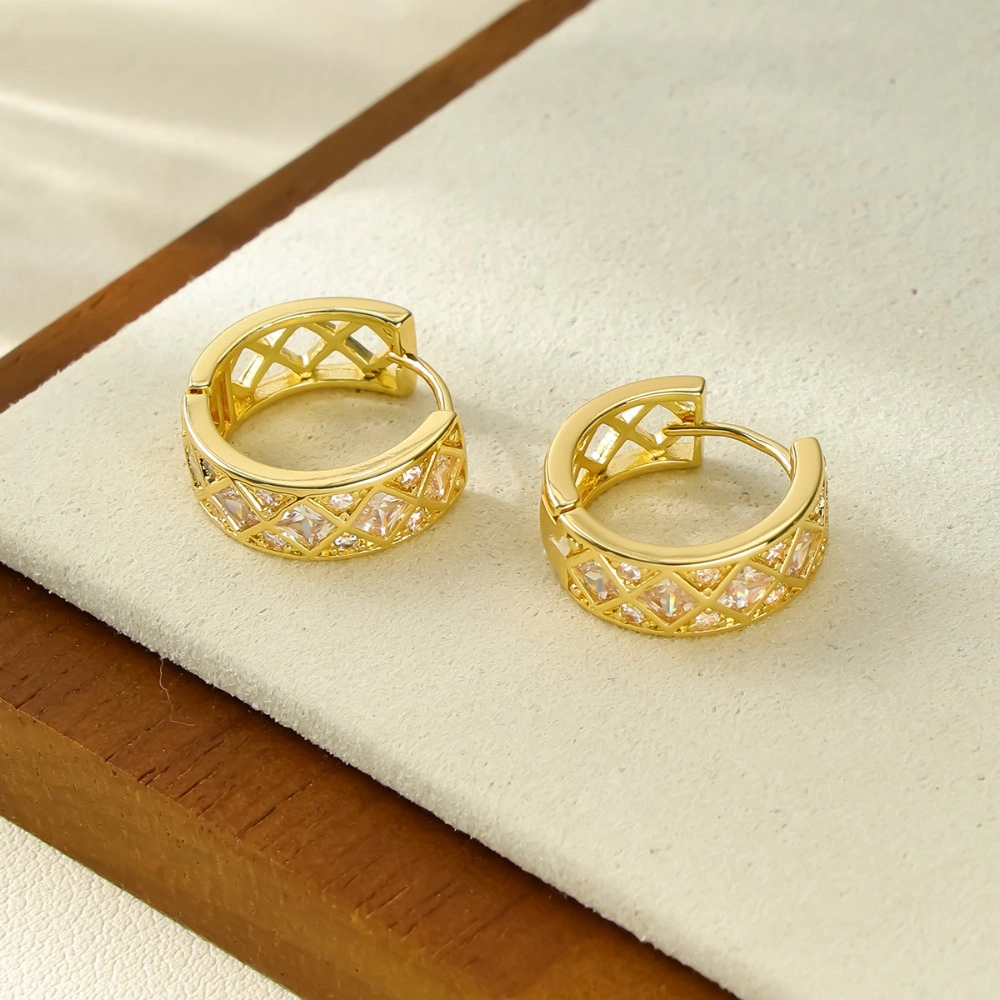 Hollow Lattice Cubic Zirconia Huggie Hoop Earring Gold Plated Rhombus CZ Hoop Earring