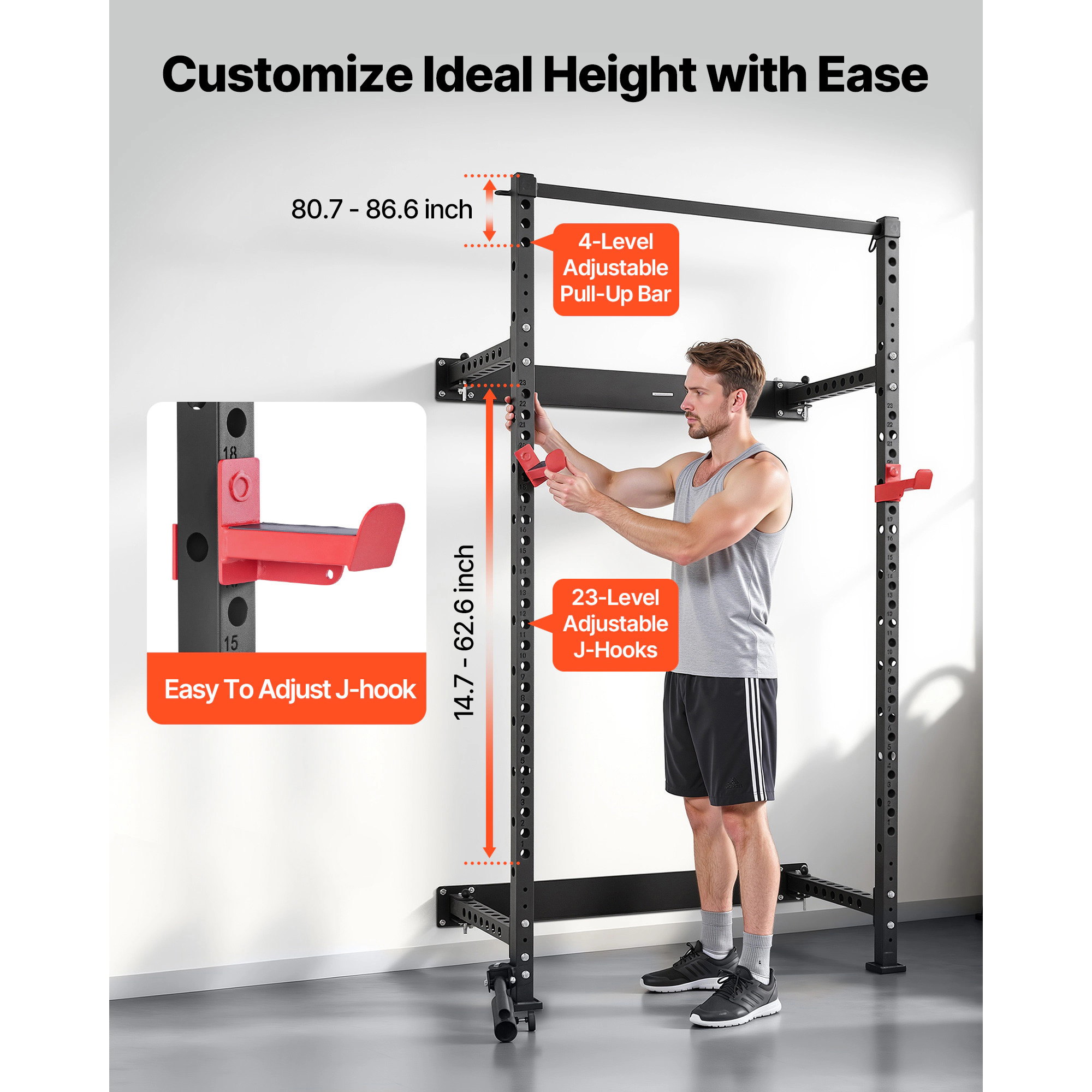 HONGGE Folding Wall-Mounted Power Cage Squat Rack, 1000 lbs Capacity with Pull-Up Bar for Home Gym