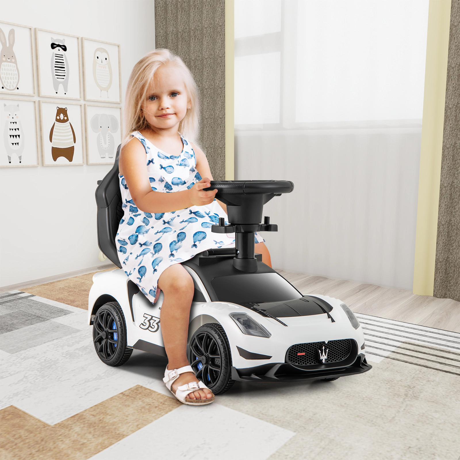SUGIFT 3-in-1 Maserati Licensed Ride-On Push Sliding Car with Music 55-lb Capacity Ages 18-60 Months Pink/White