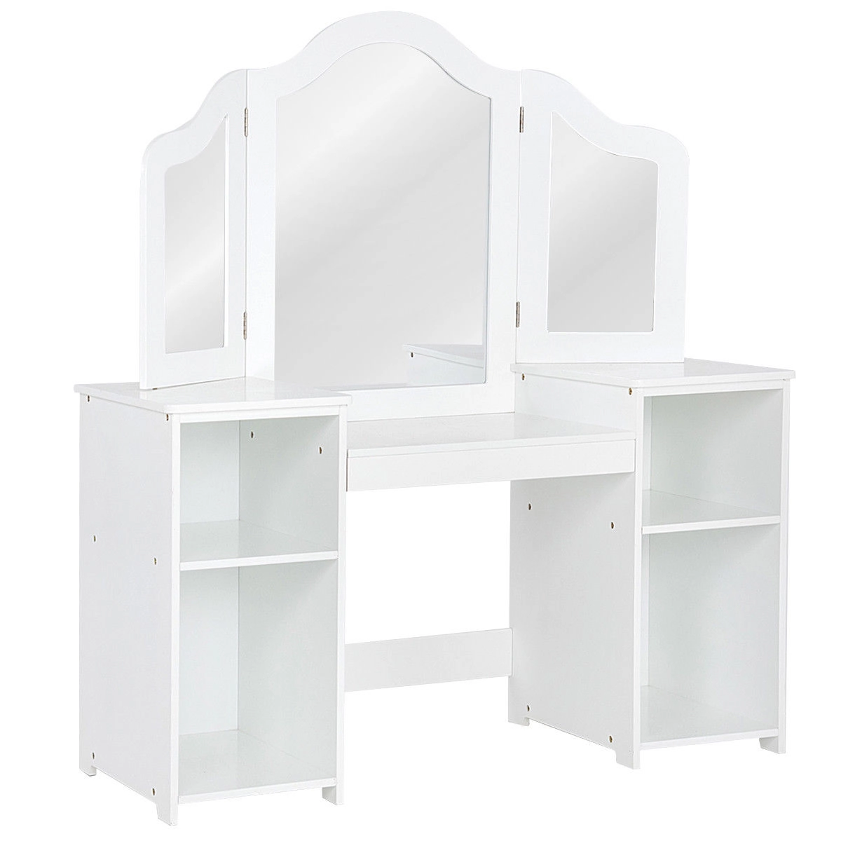 SUGIFT White Tri-Folding Mirror 4 Storage Compartments and Stool Kids Vanity Table Set