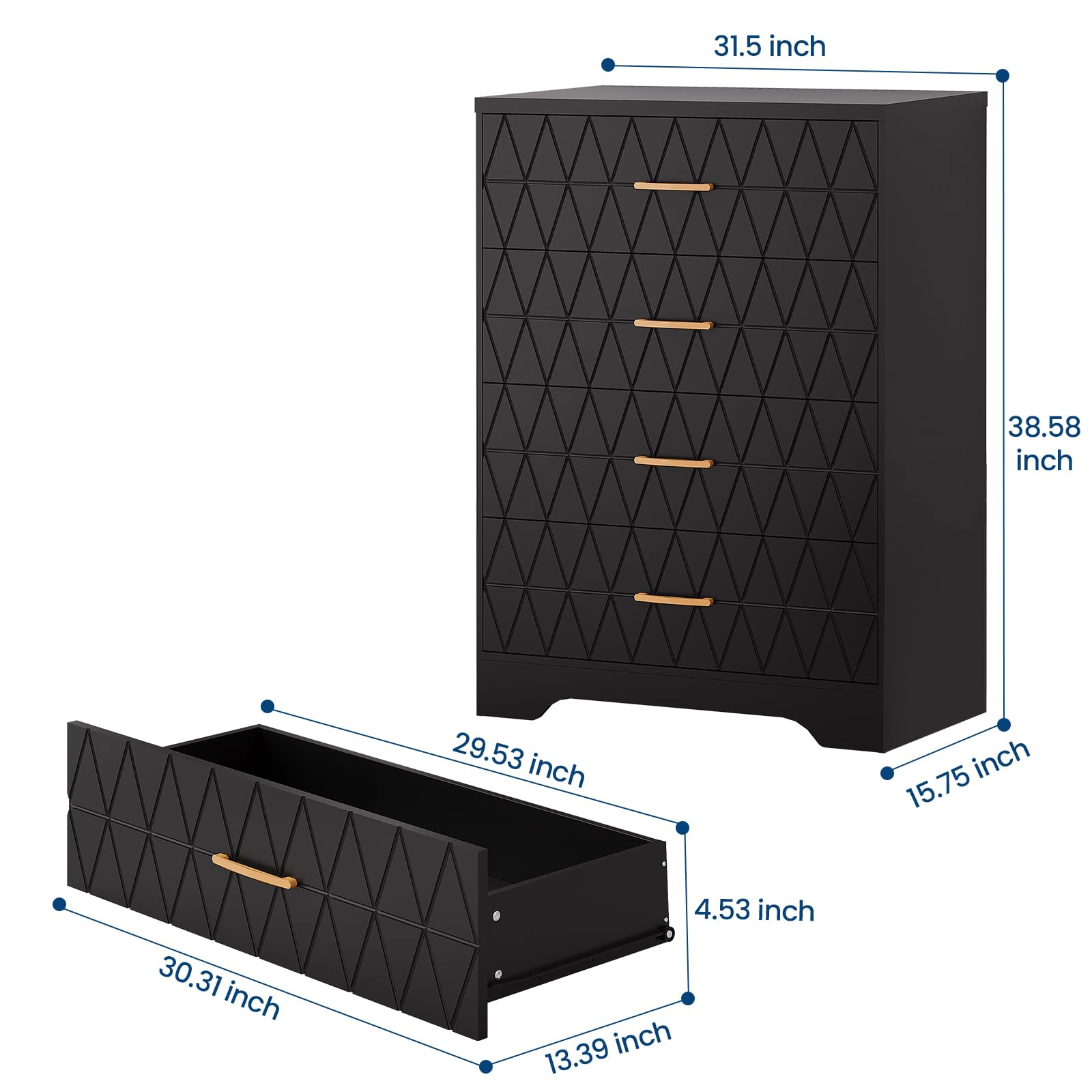 4 Drawer Wooden Dresser with Gold Handles, Modern Nightstand & Storage Organizer for Bedroom