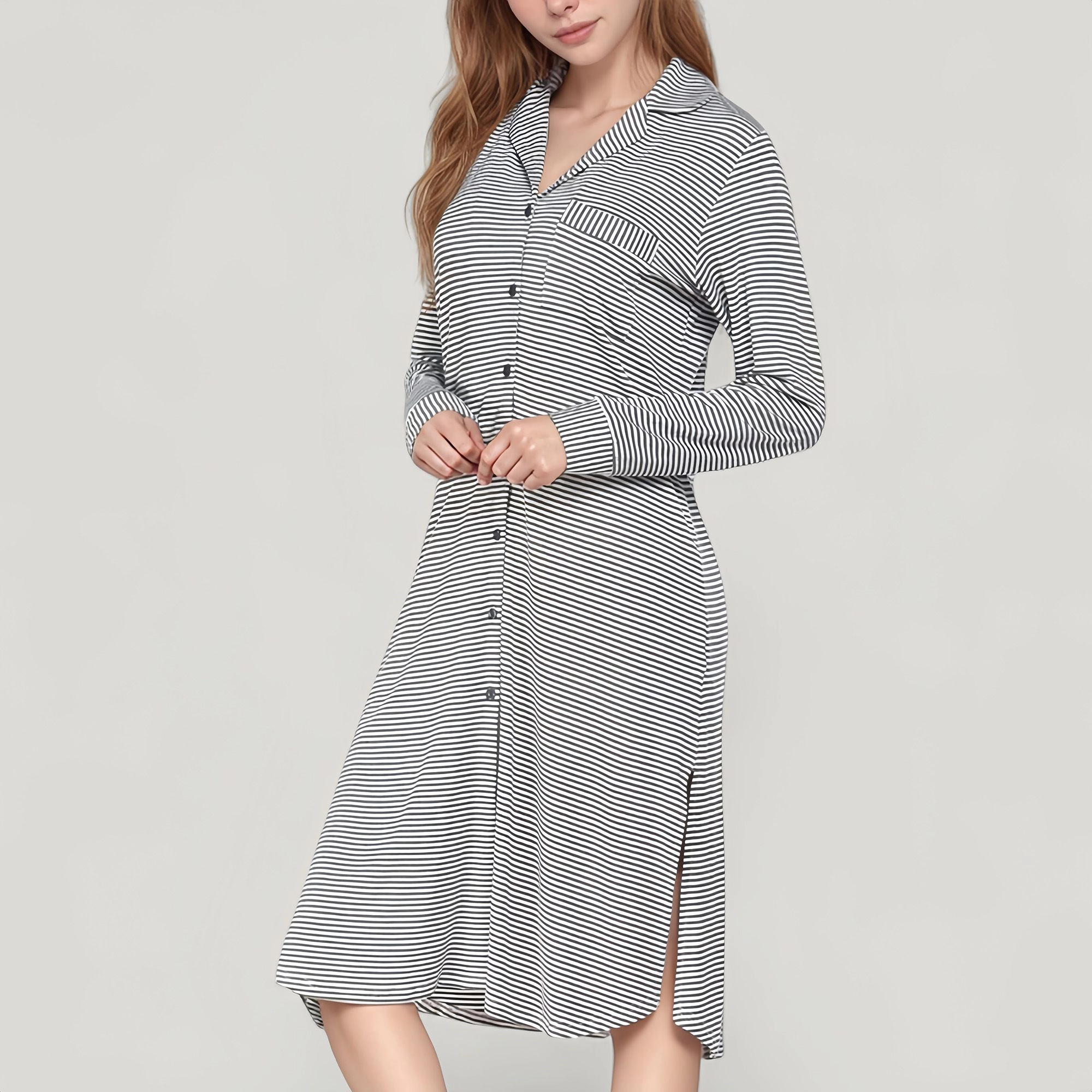 Anna-Kaci Women's Woven Stripe Long Sleeve Button Down Sleep Shirt with Lapel Collar and Curved Hem