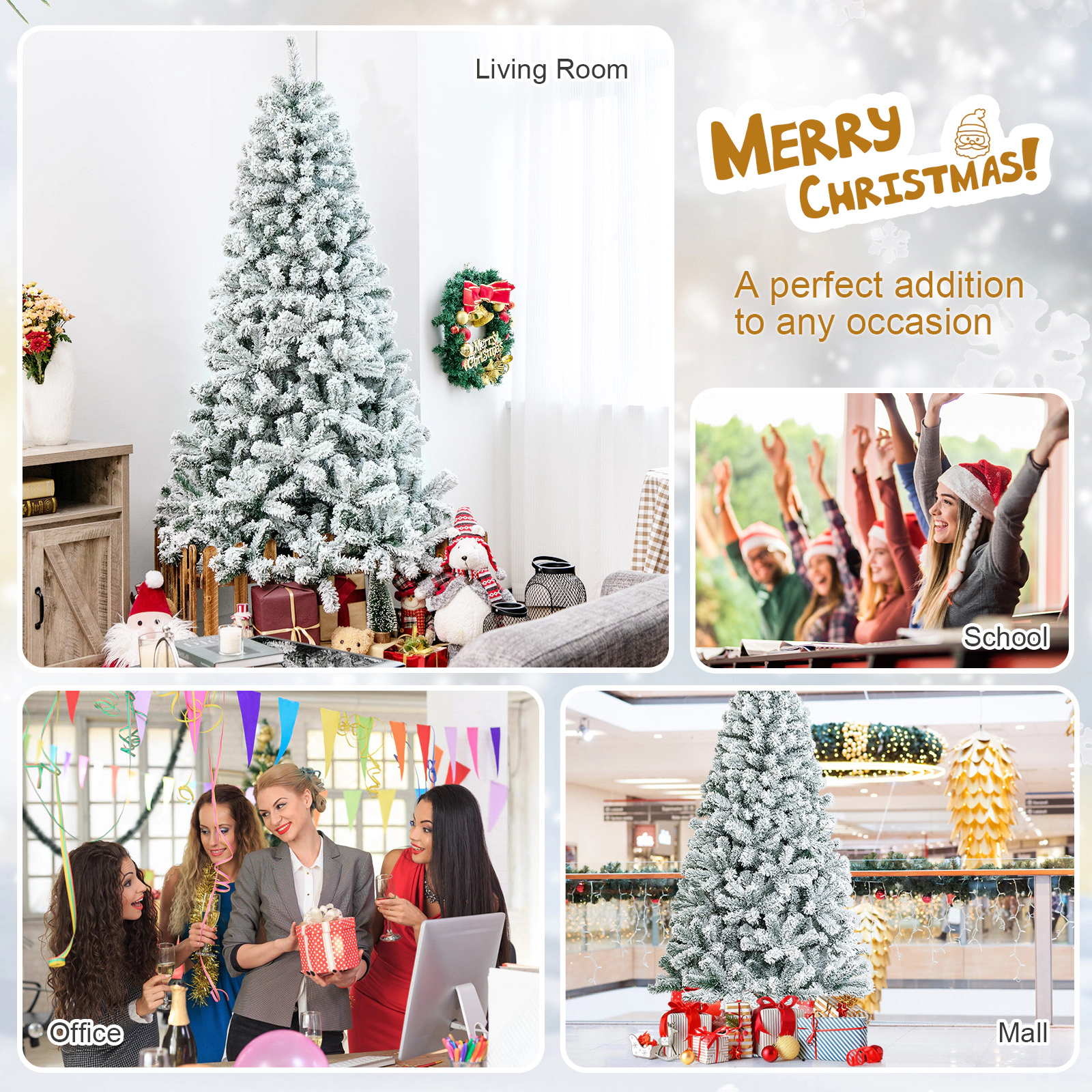 SUGIFT Snow Flocked Hinged Artificial Christmas Tree 7.5-ft Tall with 1010 Branch Tips 4 Sections with Metal Stand White