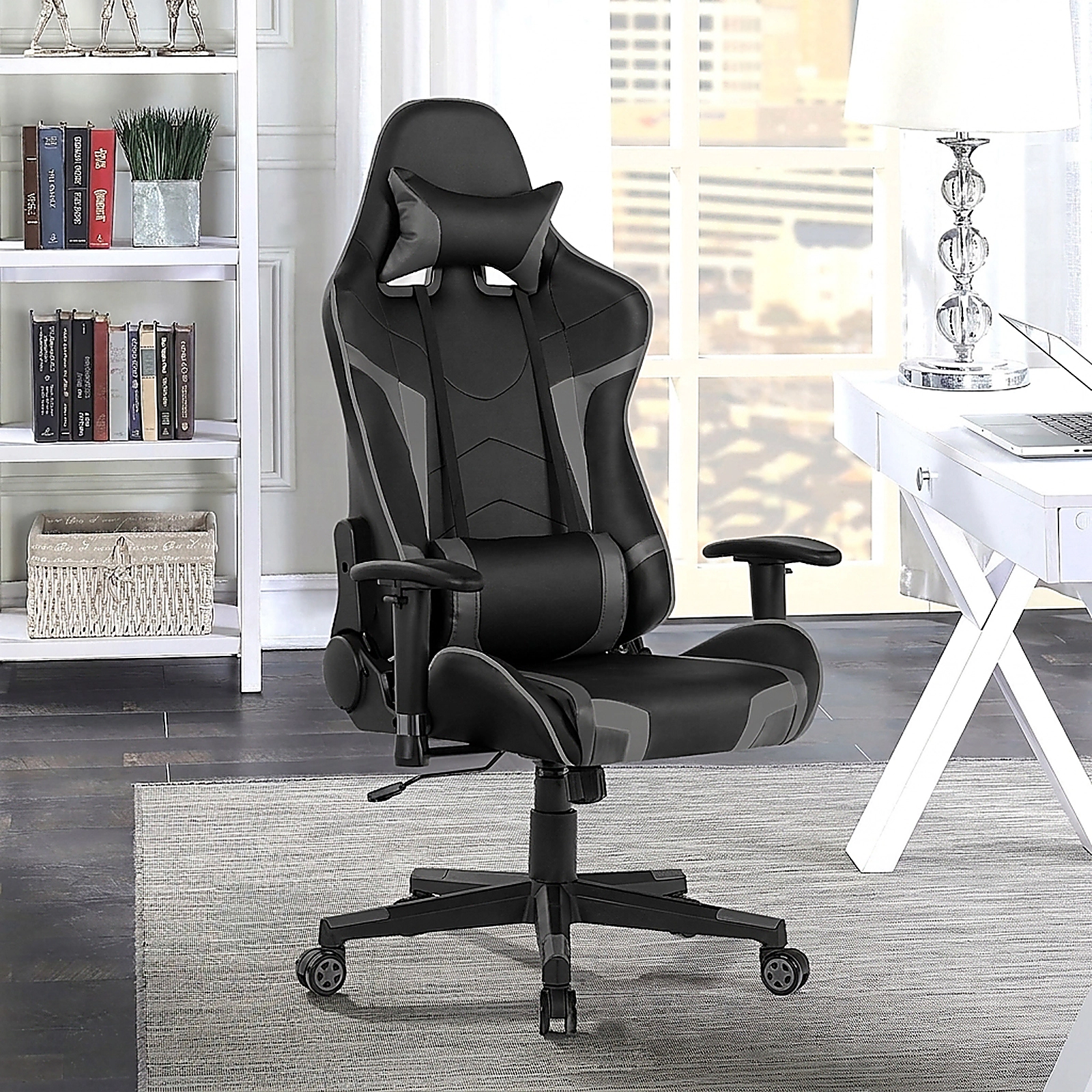 SUGIFT Reclining Swivel Massage Gaming Chair Gray with Lumbar Support and Faux Leather