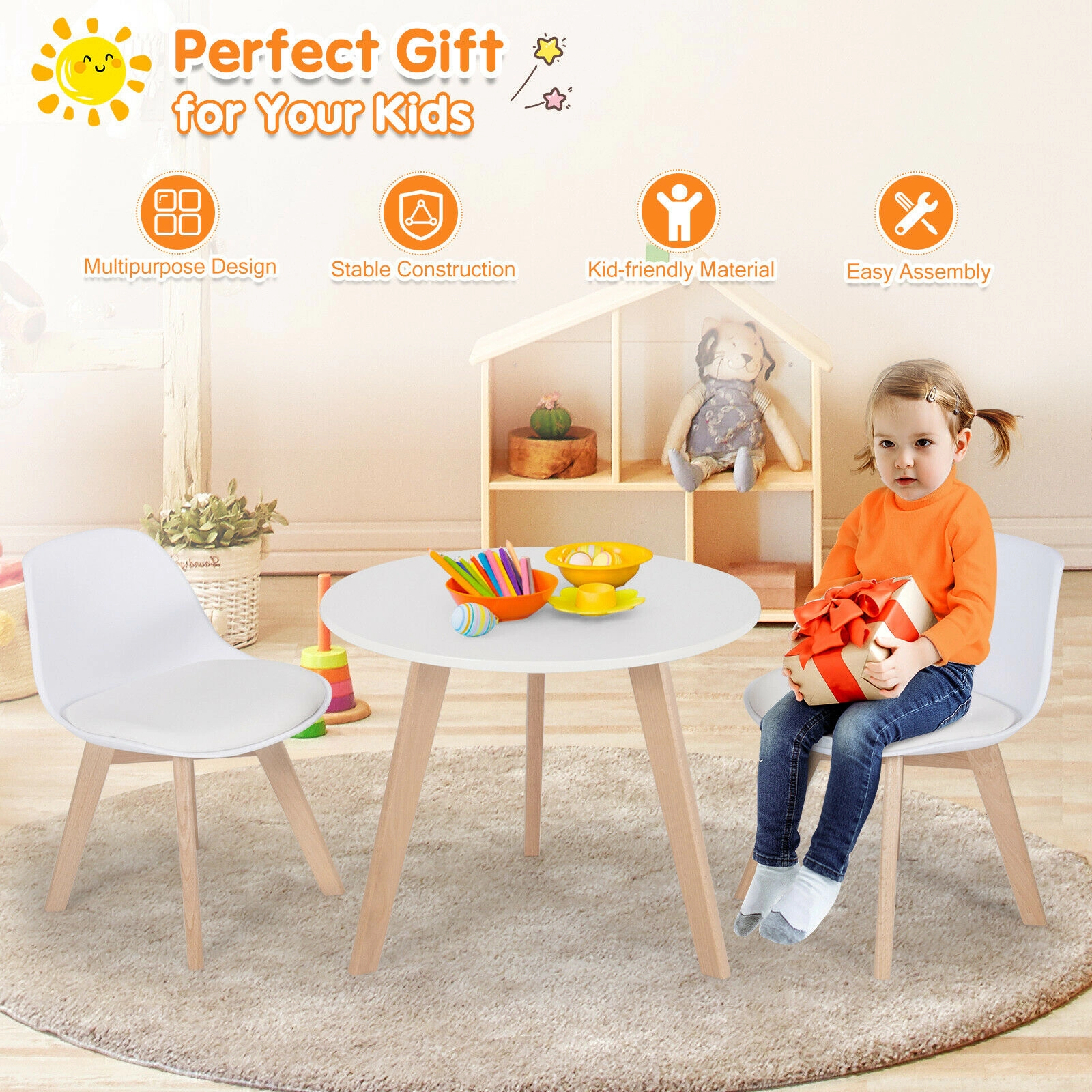 SUGIFT White Beech Legs and Padded Seat Kids Modern Round Activity Table and 2 Chairs Set