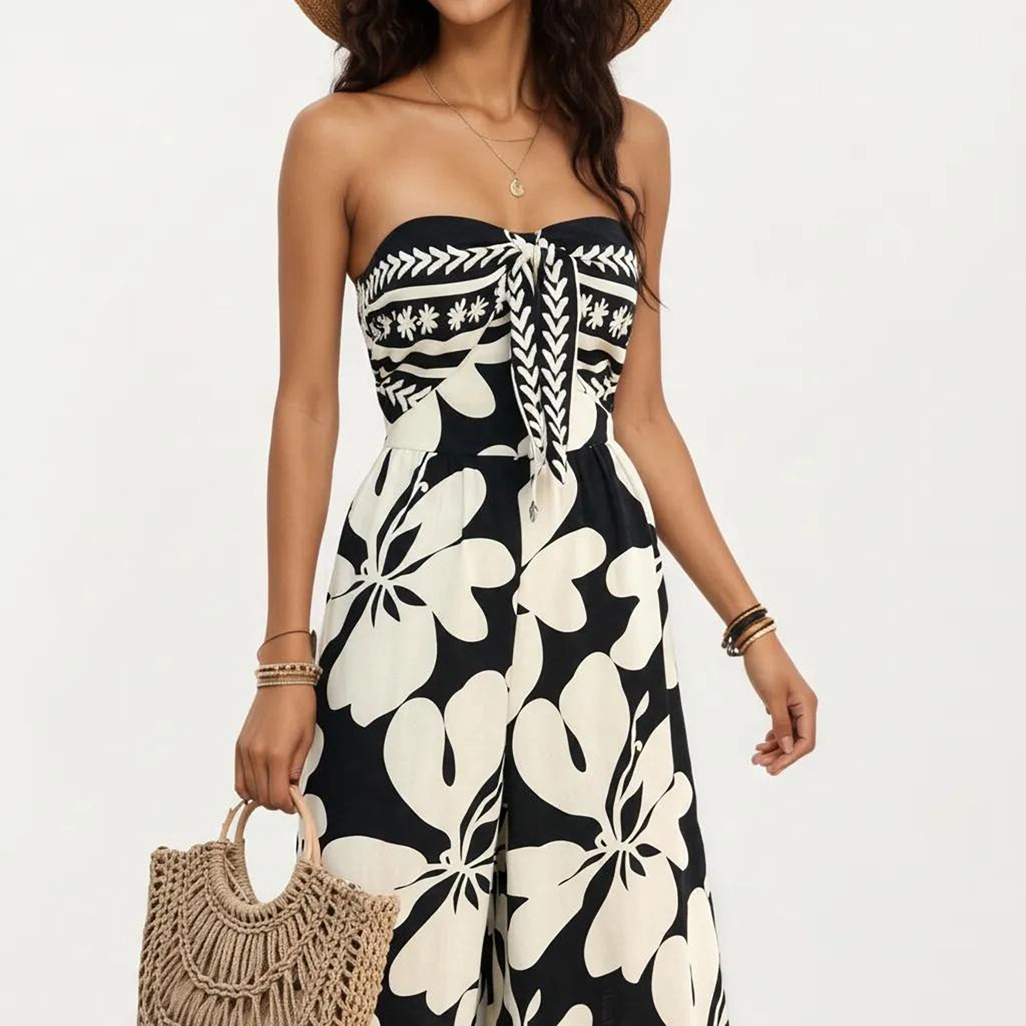 Anna-Kaci Womens Strapless Floral Wide Leg Jumpsuit with Border Trim