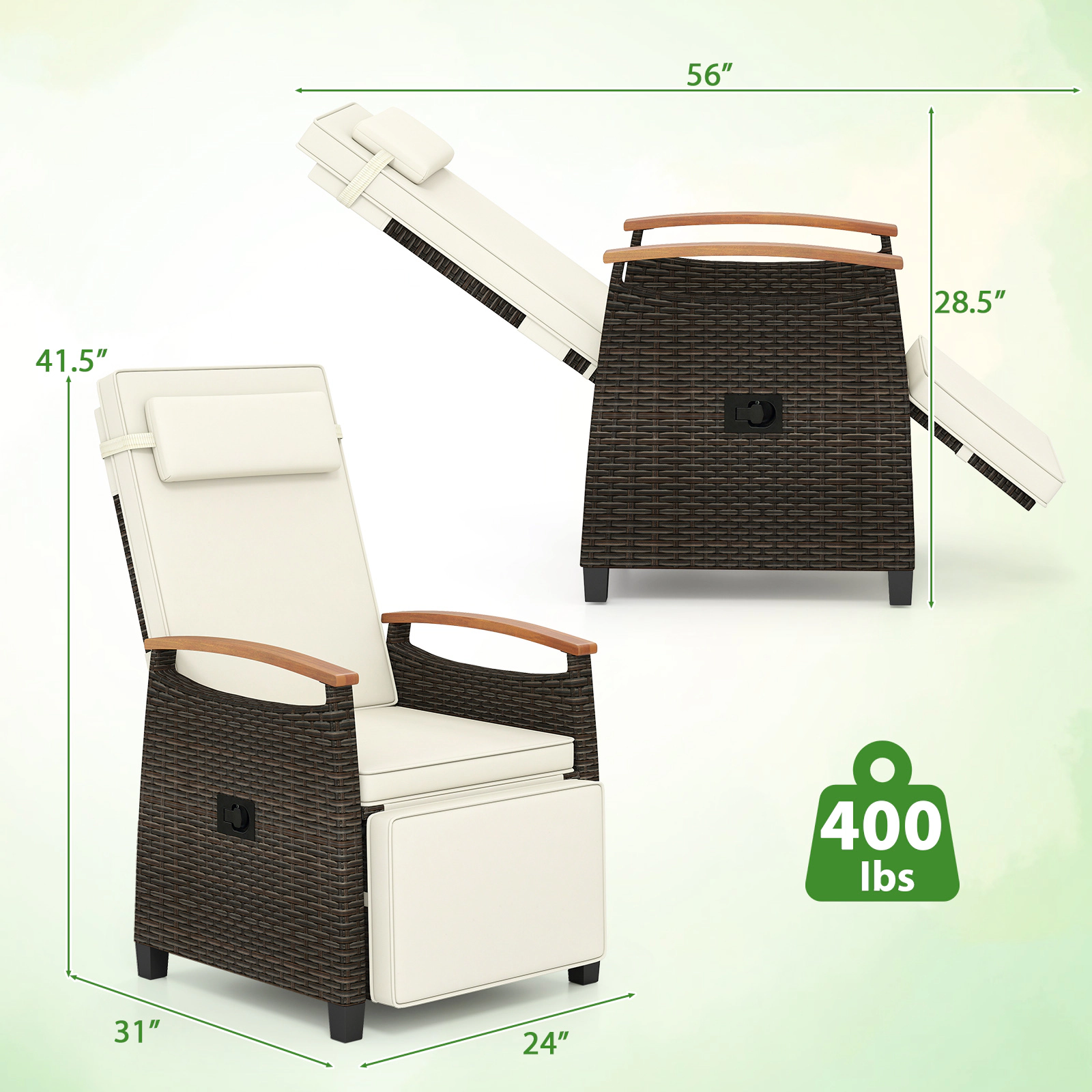 SUGIFT White PE Rattan Outdoor Recliner Chair with 150° Recline and Side Table