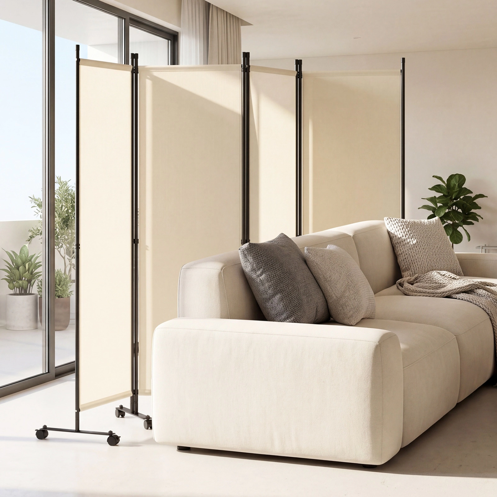 SUGIFT 4-Panel 10 Lockable Wheels Folding Room Divider 87-in x 14-in x 68-in 20.5-in Folded 17.5-lb Beige