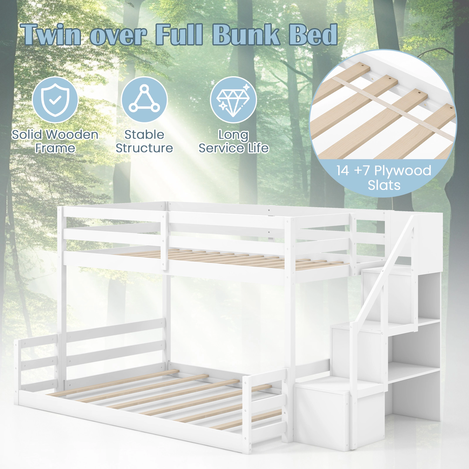 SUGIFT White Twin-over-Full Solid Wood Bunk Bed with Storage Stairs