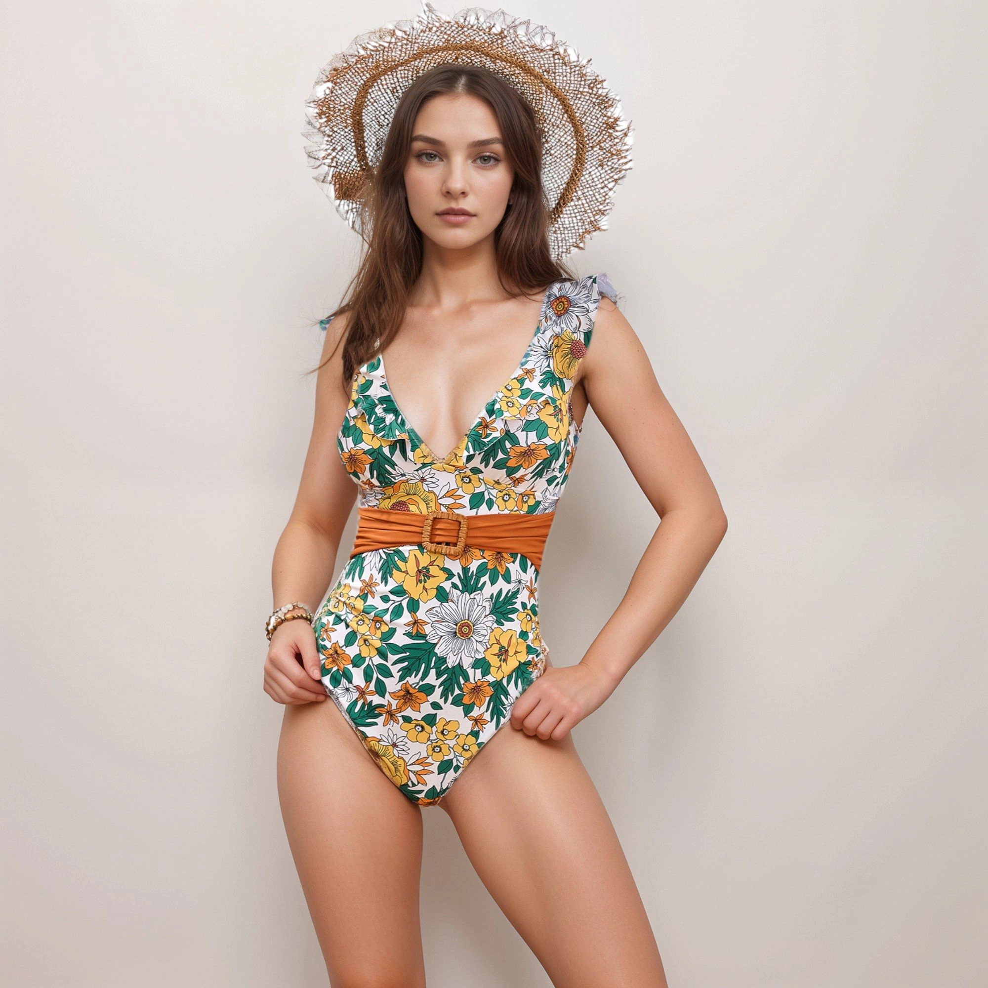 Anna-Kaci Women's One-Piece Swimsuit with Floral Print Ruffle Straps Belted Waist and Deep V Neckline