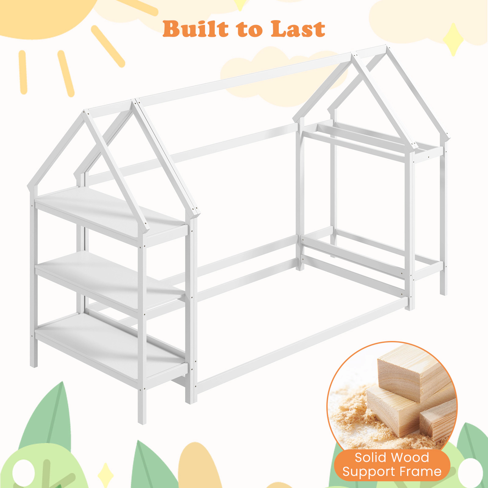 SUGIFT Montessori-Inspired Twin Size Floor House Bed Detachable Storage Shelves 88-lb Shelf Capacity Toddler Bed White