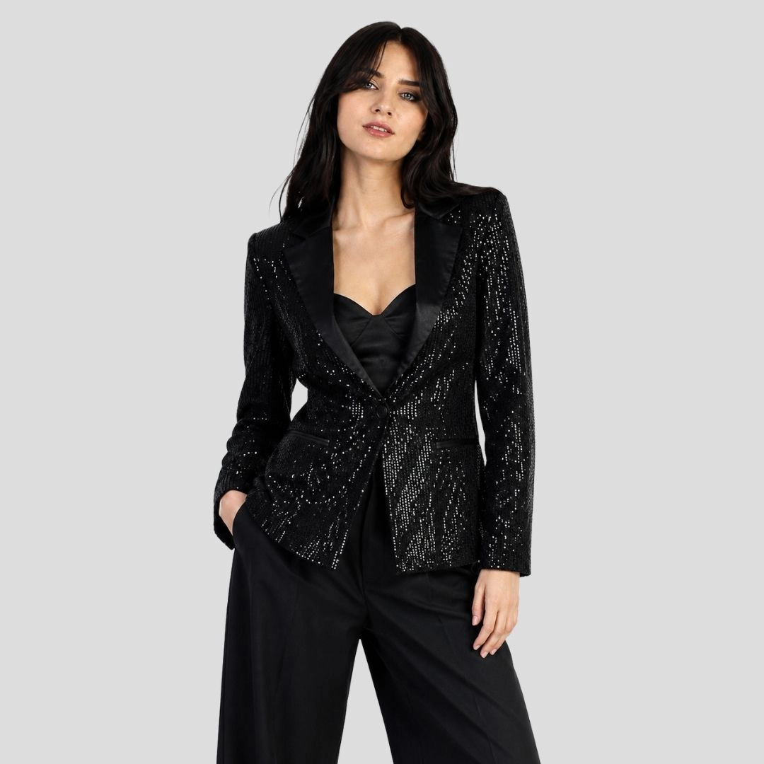 Artyska Women's Long Sleeve Sequin Satin Blazer Jacket Party Sparkly Coat
