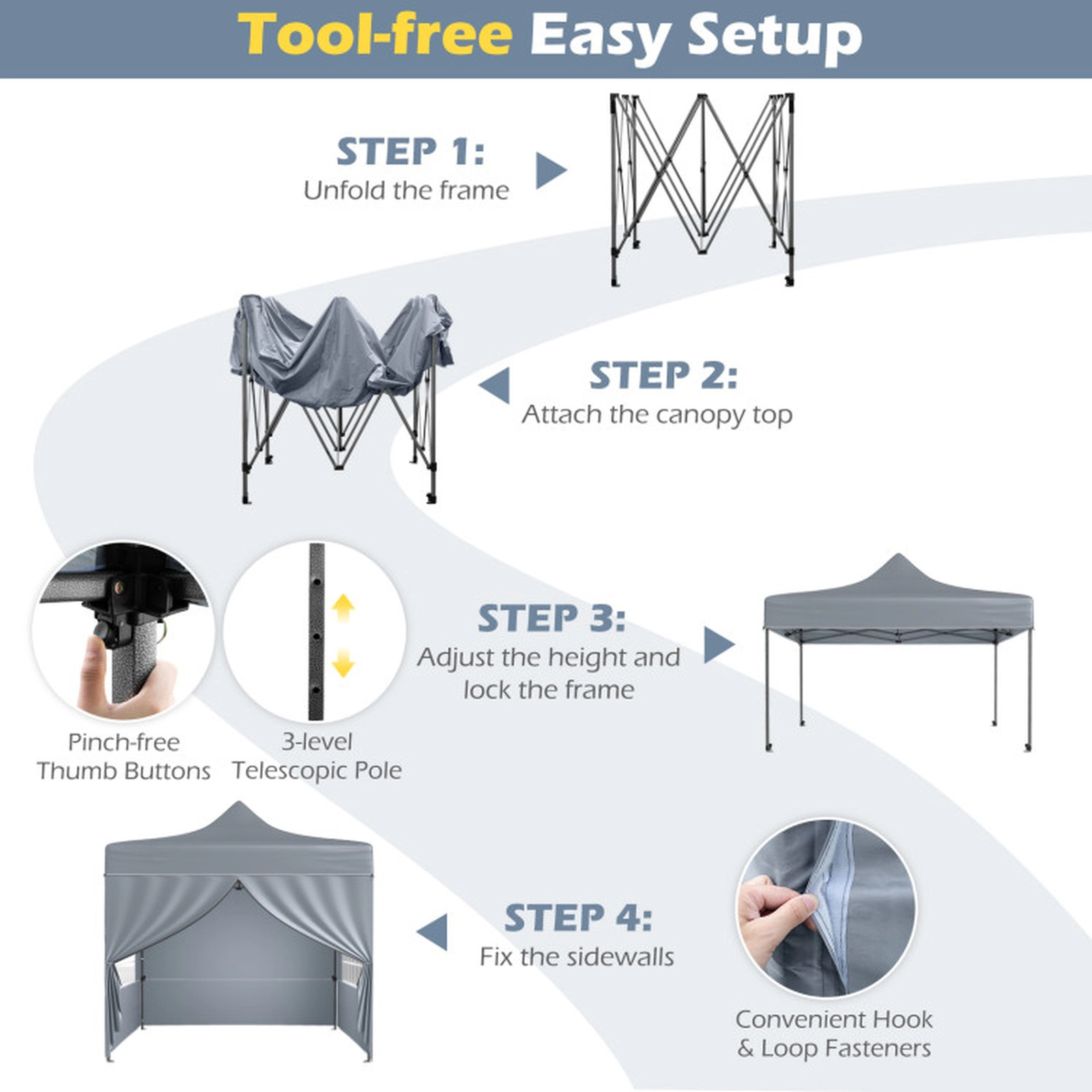 SUGIFT Pop Up Canopy Tent with 4 Removable Sidewalls and Wheeled Bag 49-lb Net Weight Gray