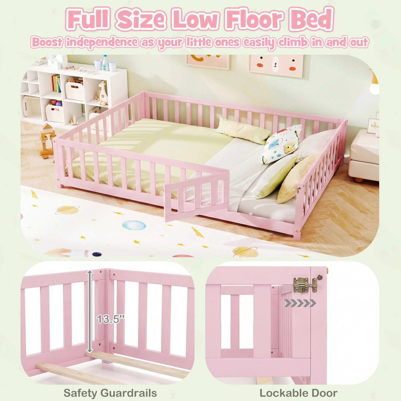 SUGIFT Full Montessori Floor Bed, Full-Length Rails, Latching Door, Pink Pine Frame