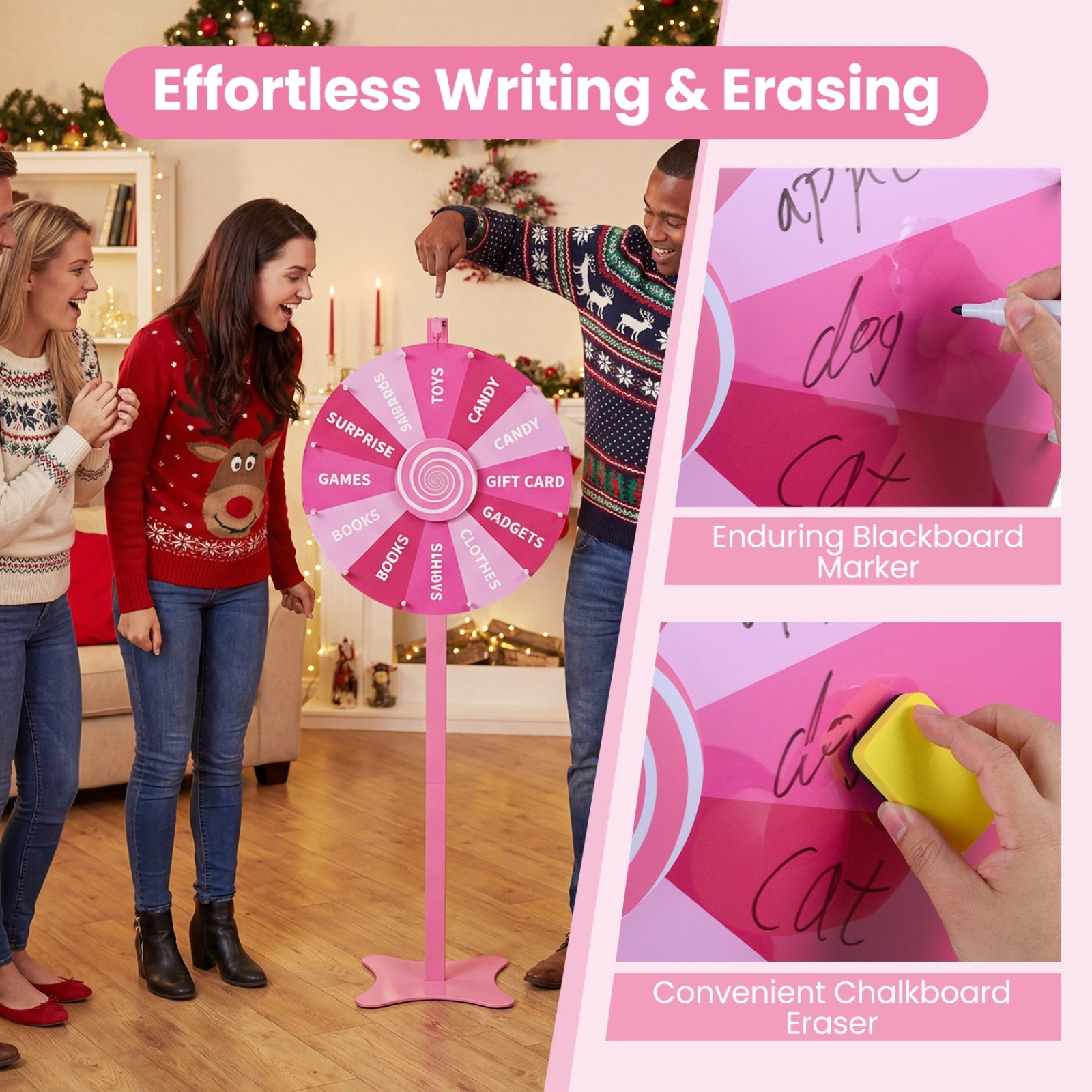 SUGIFT Adjustable 24-in Prize Wheel Game with Blackboard Marker and Eraser for Tabletop or Floor Use Pink