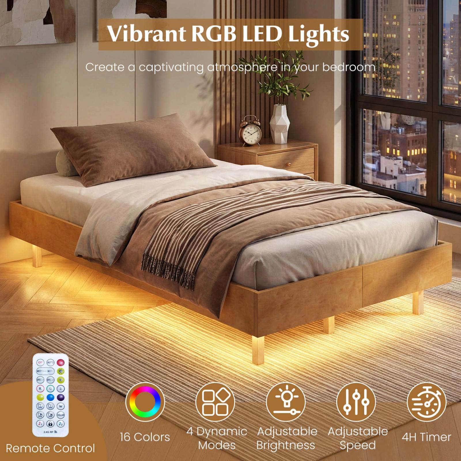 SUGIFT Floating Twin Bed Frame with RGB LED Lights 570-lb Capacity Natural