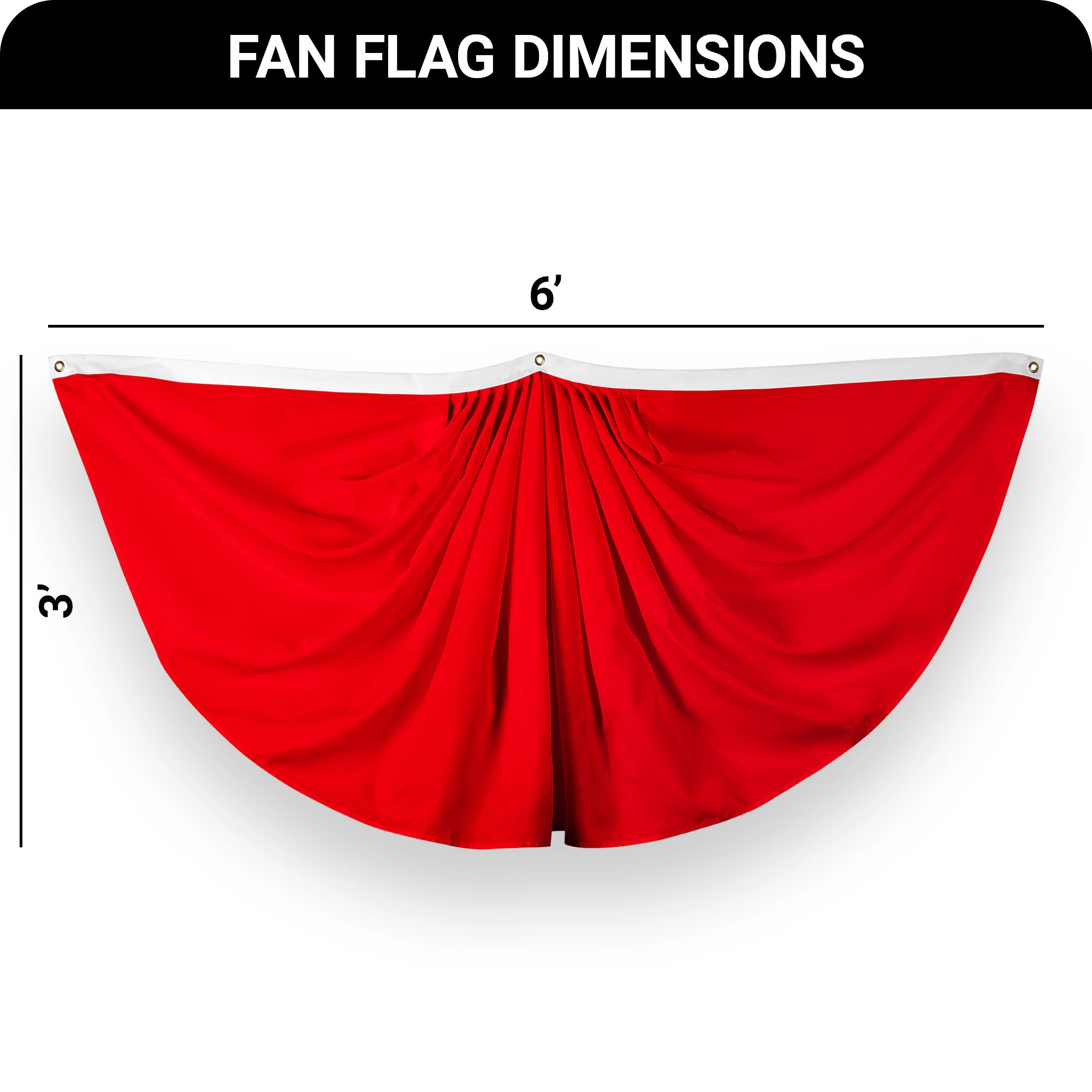 G128 Solid Red Pleated Fan Flag 3x6 ft, 150D Polyester, Brass Grommets