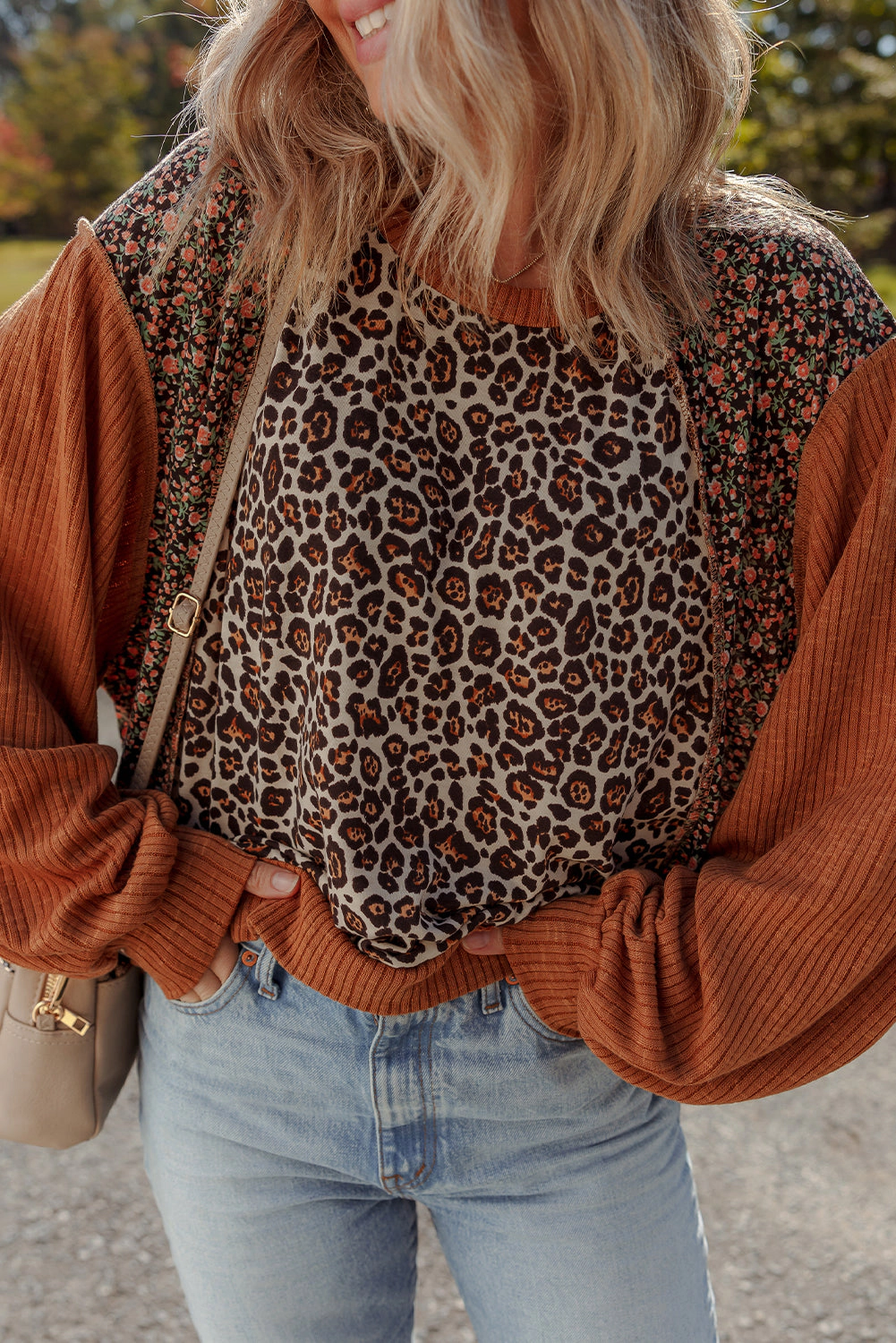 Threaded Pear Women's Natalie Leopard & Floral Patchwork Loose Top
