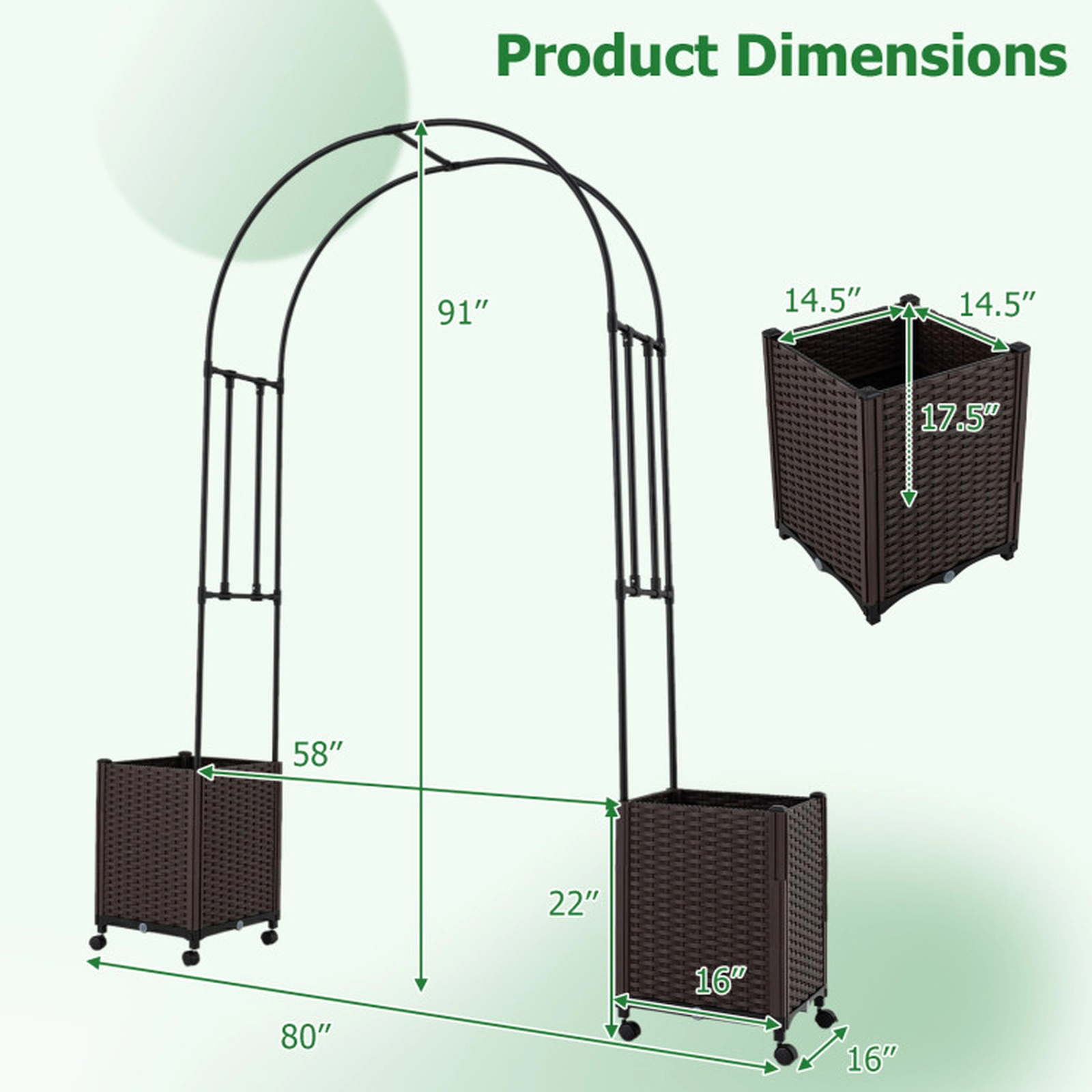 SUGIFT 91-in Black Garden Arch Trellis with 2 Self-Watering Planter Boxes and 4 Universal Wheels