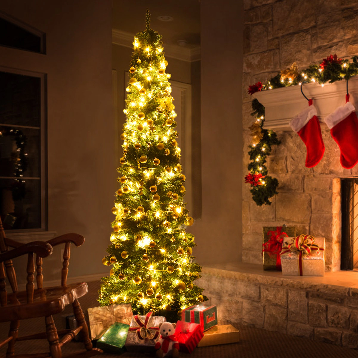 Costway 5/6/7/8/9Ft PVC Artificial Pencil Christmas Tree Slim Stand