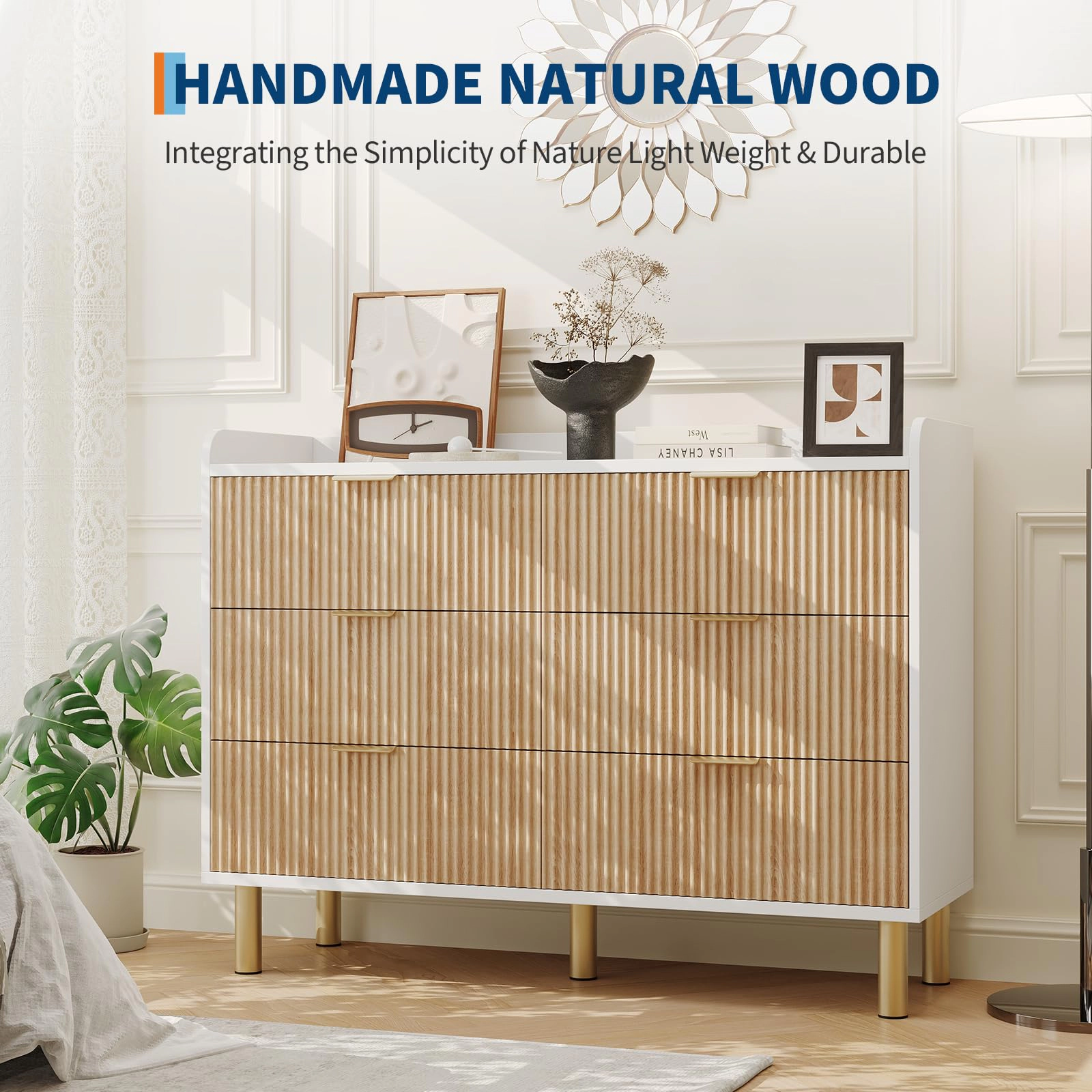 6 Drawer Fluted Wood Dresser, 47.2" Wide Storage Cabinet with Metal Handles for Bedroom