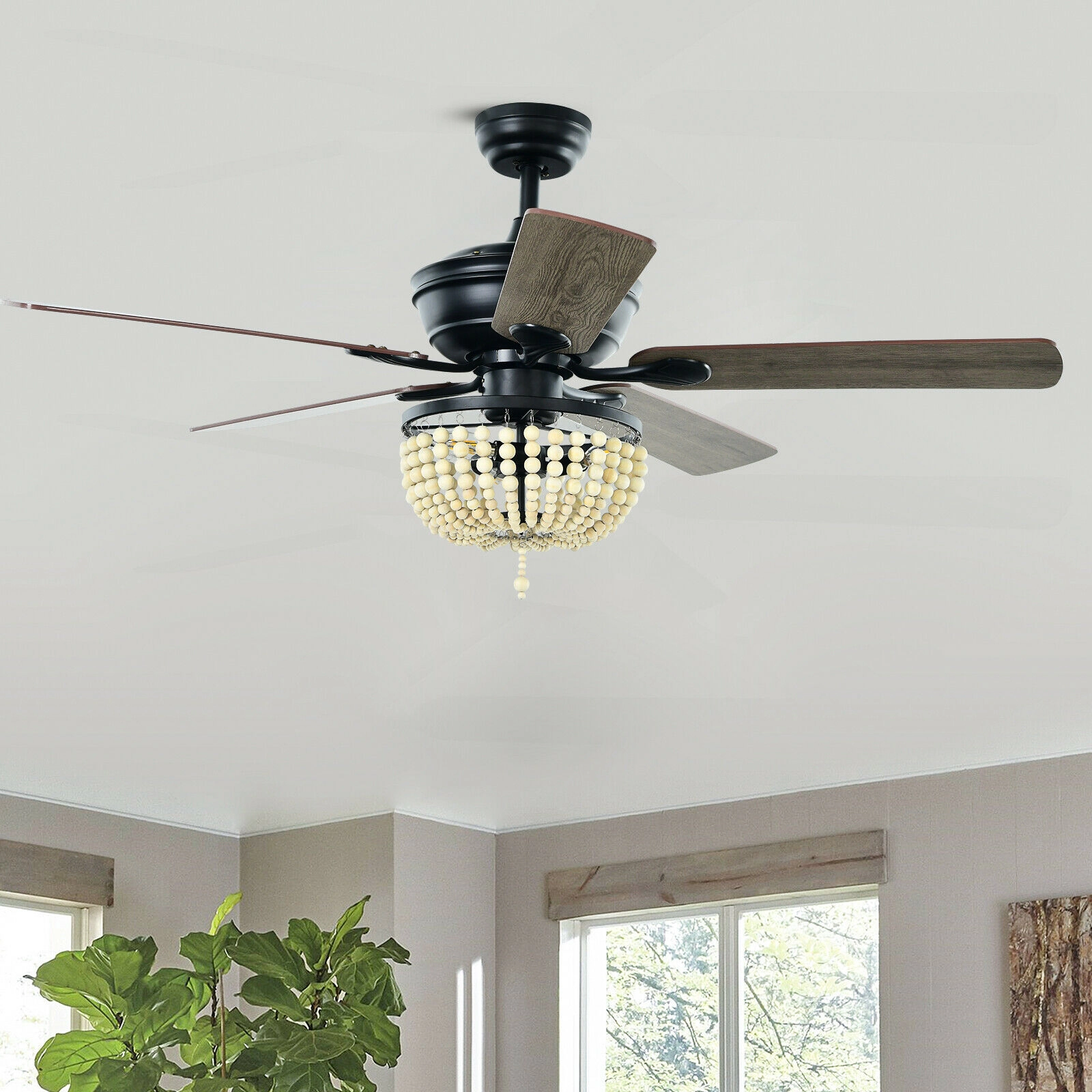 SUGIFT Black 5-Blade Retro Ceiling Fan with Beaded Lampshade and Remote Control 52-in Dia 5530-CFM