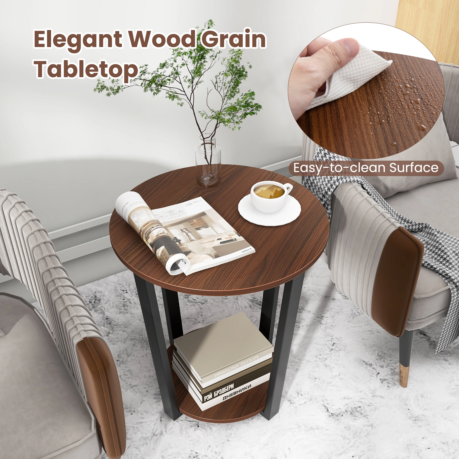 SUGIFT 2 Tier Round Engineered Wood Metal X Frame Open Shelf Storage End Table In Walnut