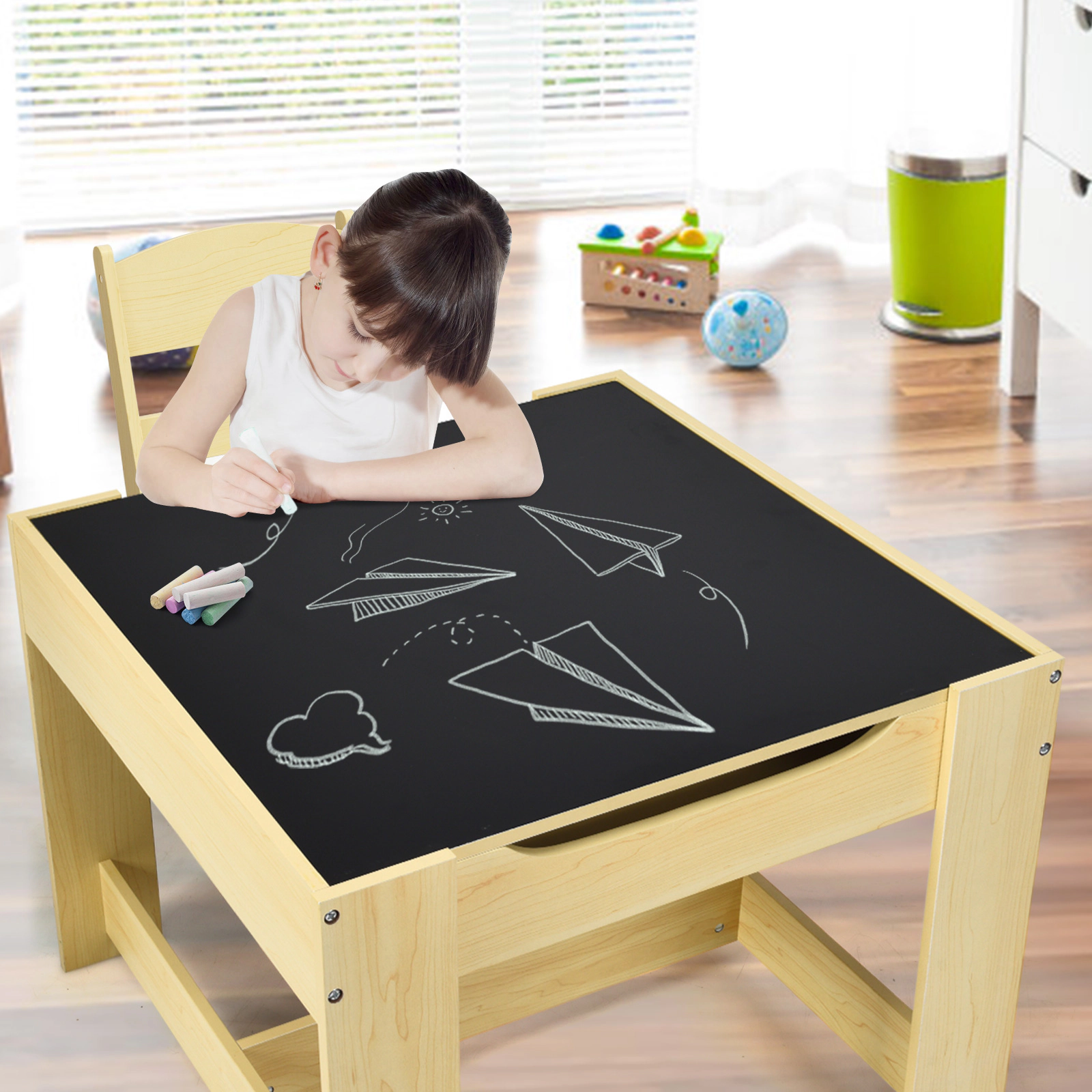SUGIFT Kids Table and Chair Set, Reversible Blackboard and Whiteboard Top, 2 Drawers, Storage Box, Natural