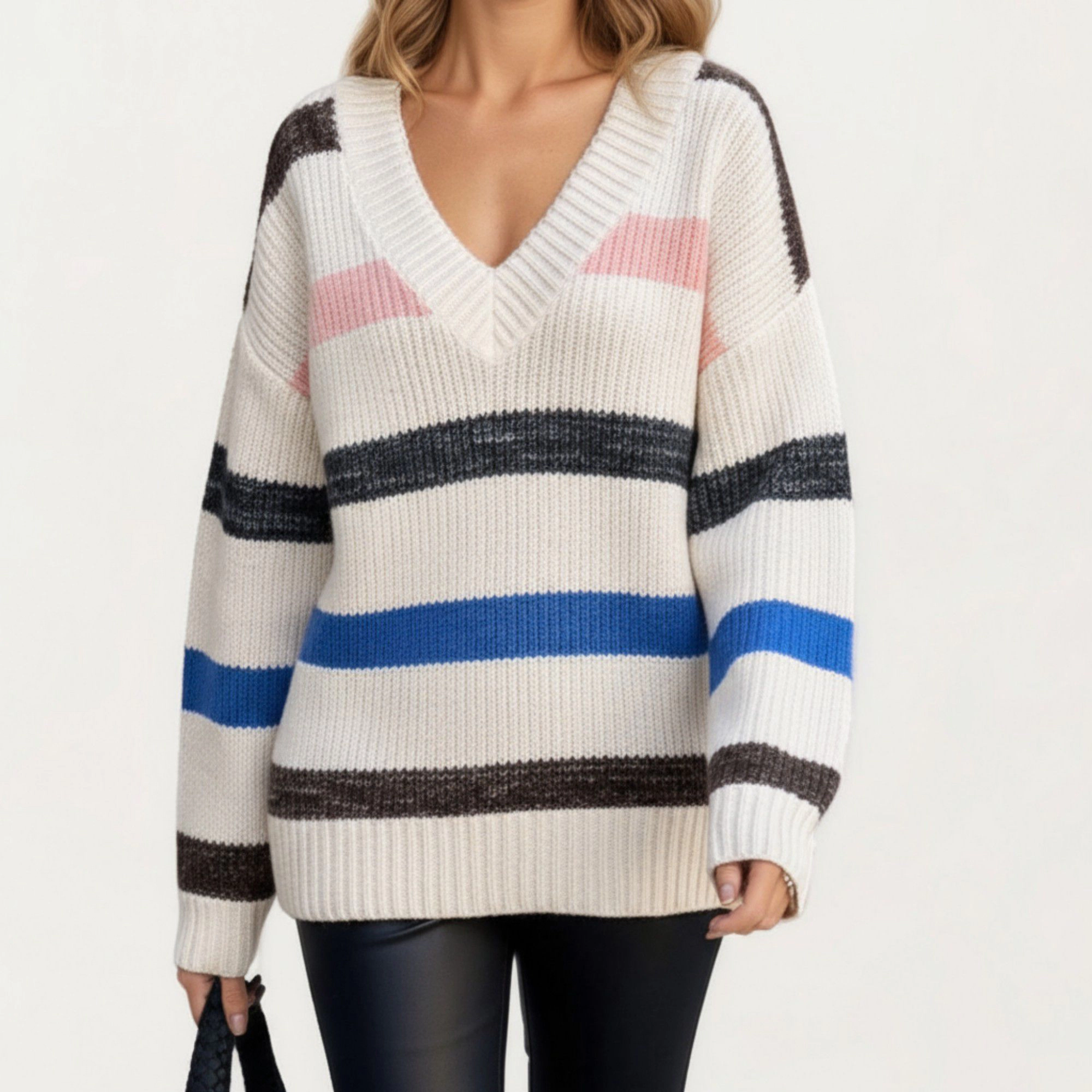 Anna-Kaci Women's Long Sleeve V-Neck Ribbed Knit Sweater with Multicolor Stripes