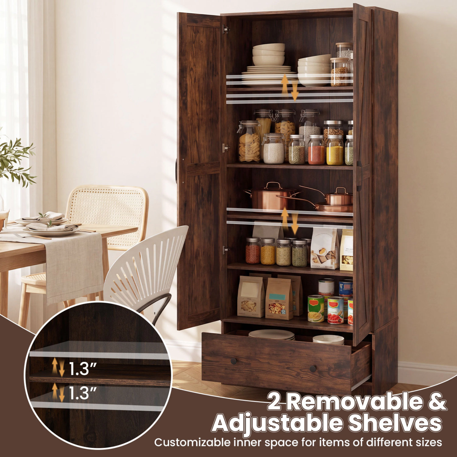 Glintex 72-Inch Farmhouse Pantry Cupboard with 5-Tier Shelves and Drawer