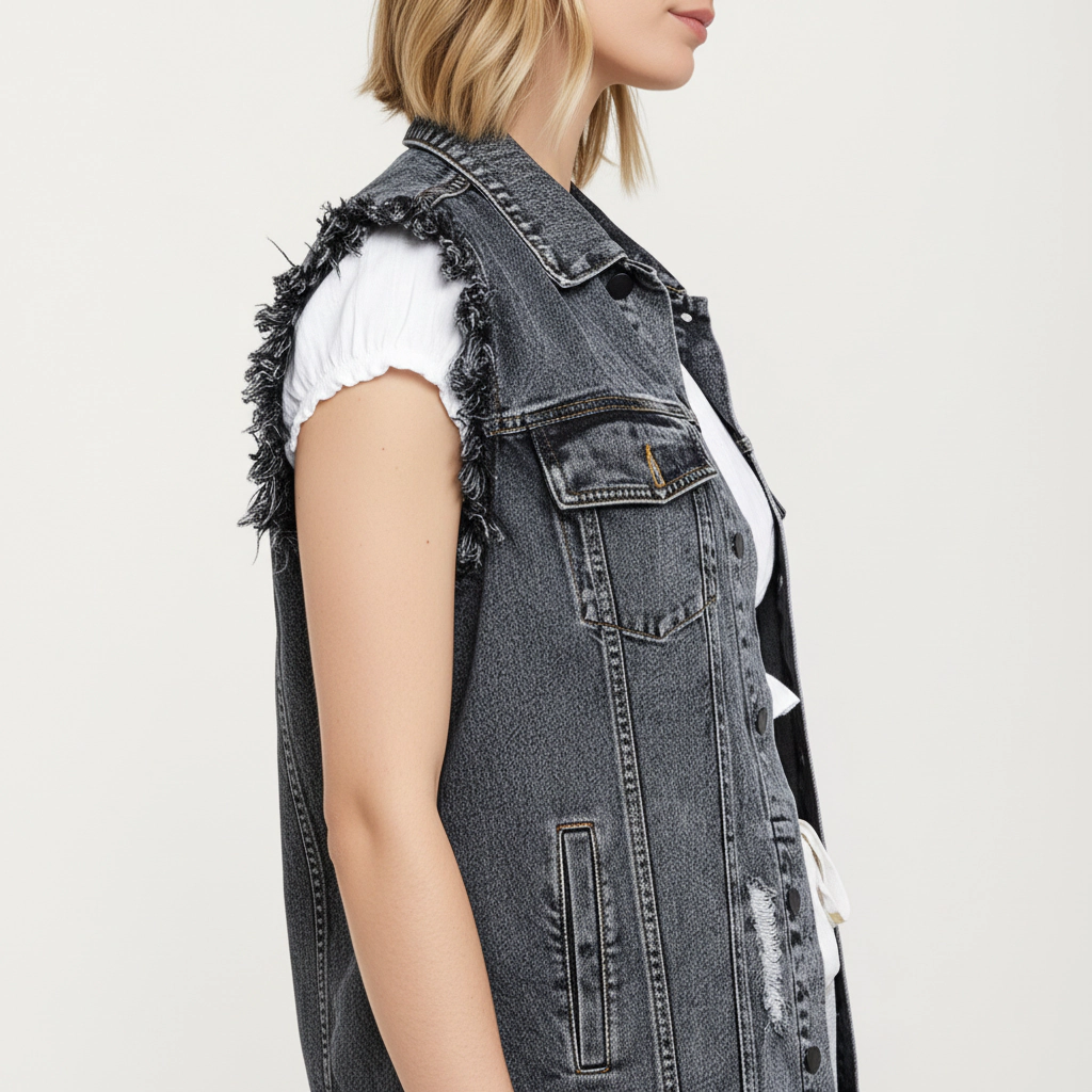 Anna-Kaci Women's Sleeveless Denim Vest with Button Front Closure Frayed Armholes and Structured Utility Silhouette