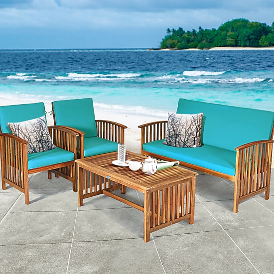 SUGIFT 4-Piece Blue Patio Furniture Set with Solid Acacia Wood Loveseat and Coffee Table 360-lb Per Sofa