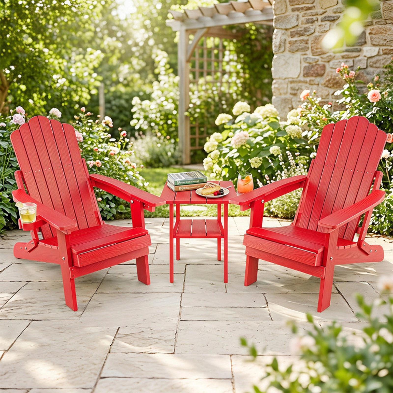 SUGIFT Set of 2 330-lb Capacity Red 5-Level Reclining Folding HIPS Adirondack Chairs with Swivel Cup Holder