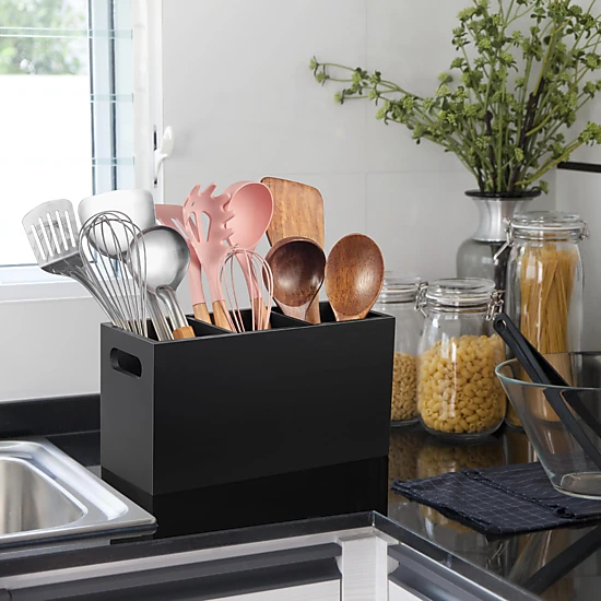WZK Wooden 3 Compartment Kitchen Utensil Holder